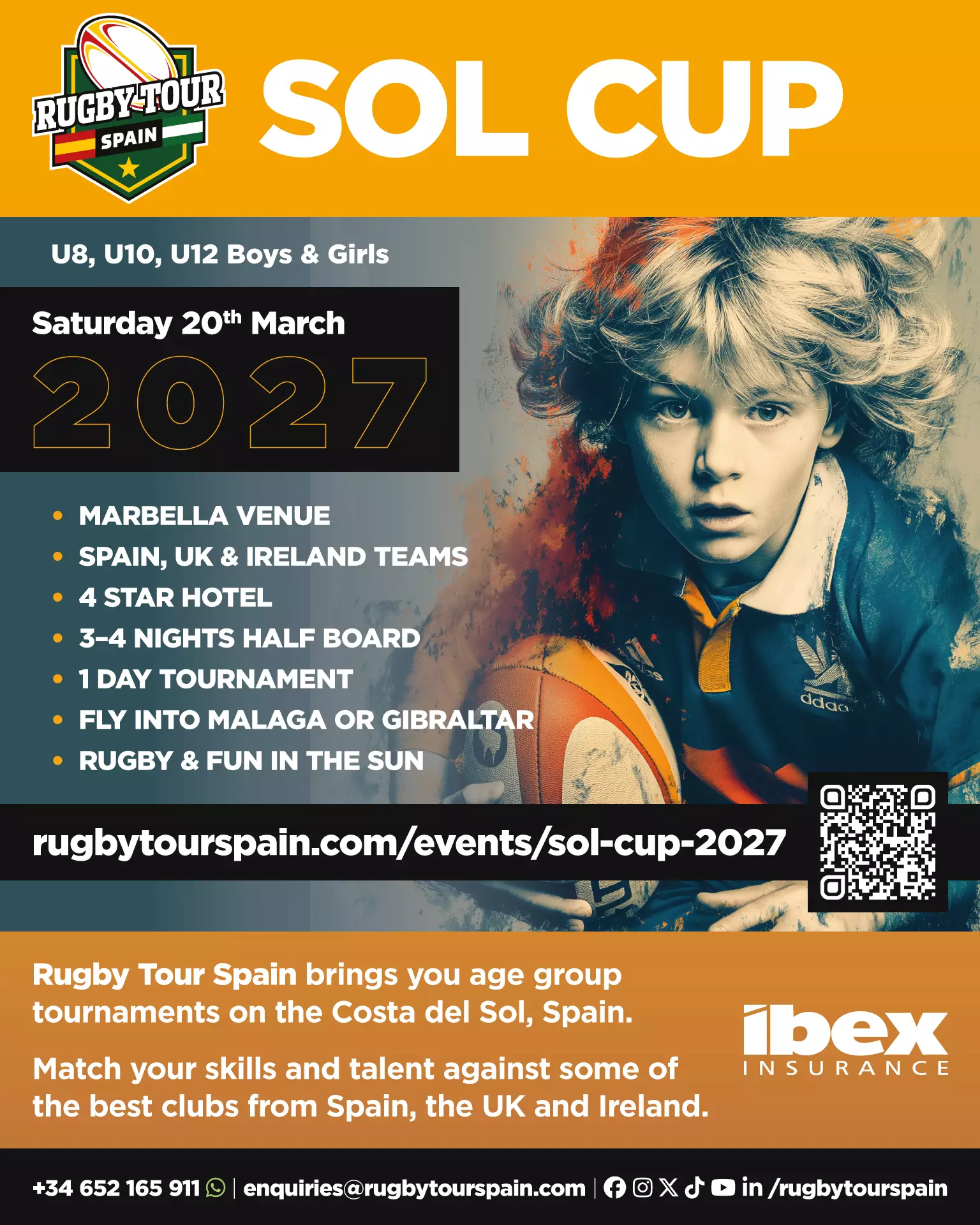 Poster for the Sol Cup 2027 for U8 to U12 boys and girls.