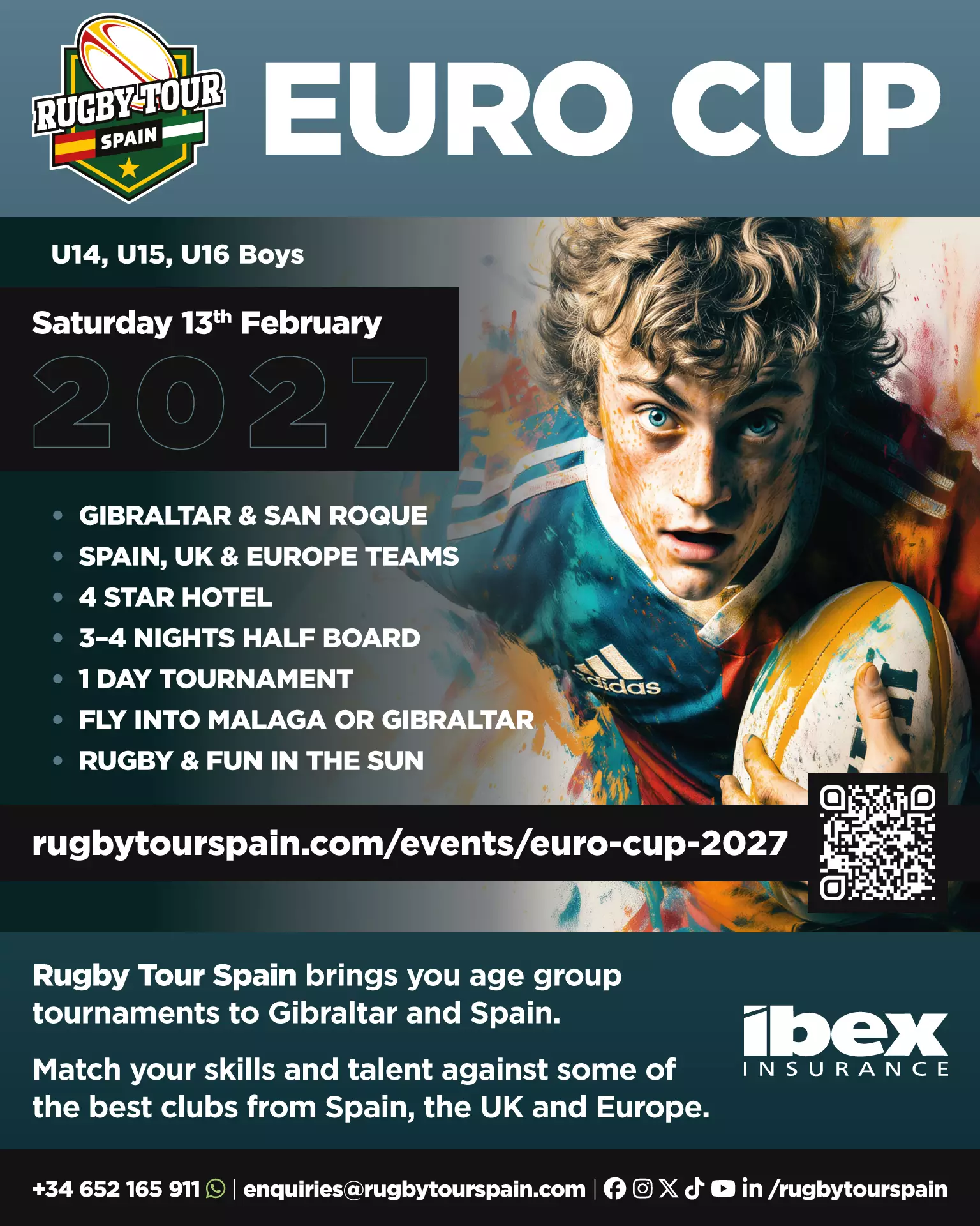 A promotional poster for the Rugby Tour Spain Euro Cup 2027, featuring a rugby player and event details for youth boys’ teams, including dates, location, and contact information.