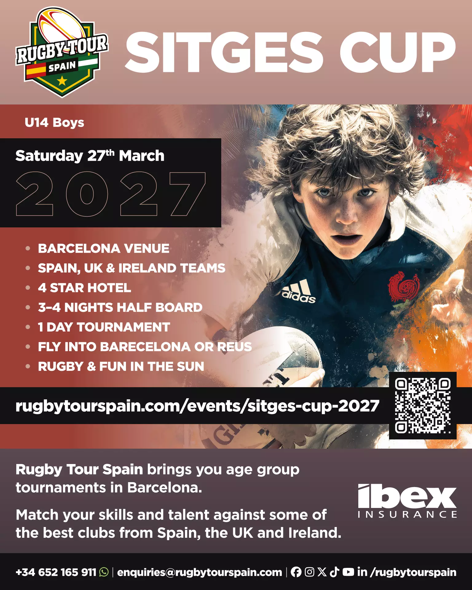 Promotional poster for the 2027 Sitges Catalan Cup youth rugby tournament in Barcelona, featuring event details, a young rugby player, and sponsor logos.