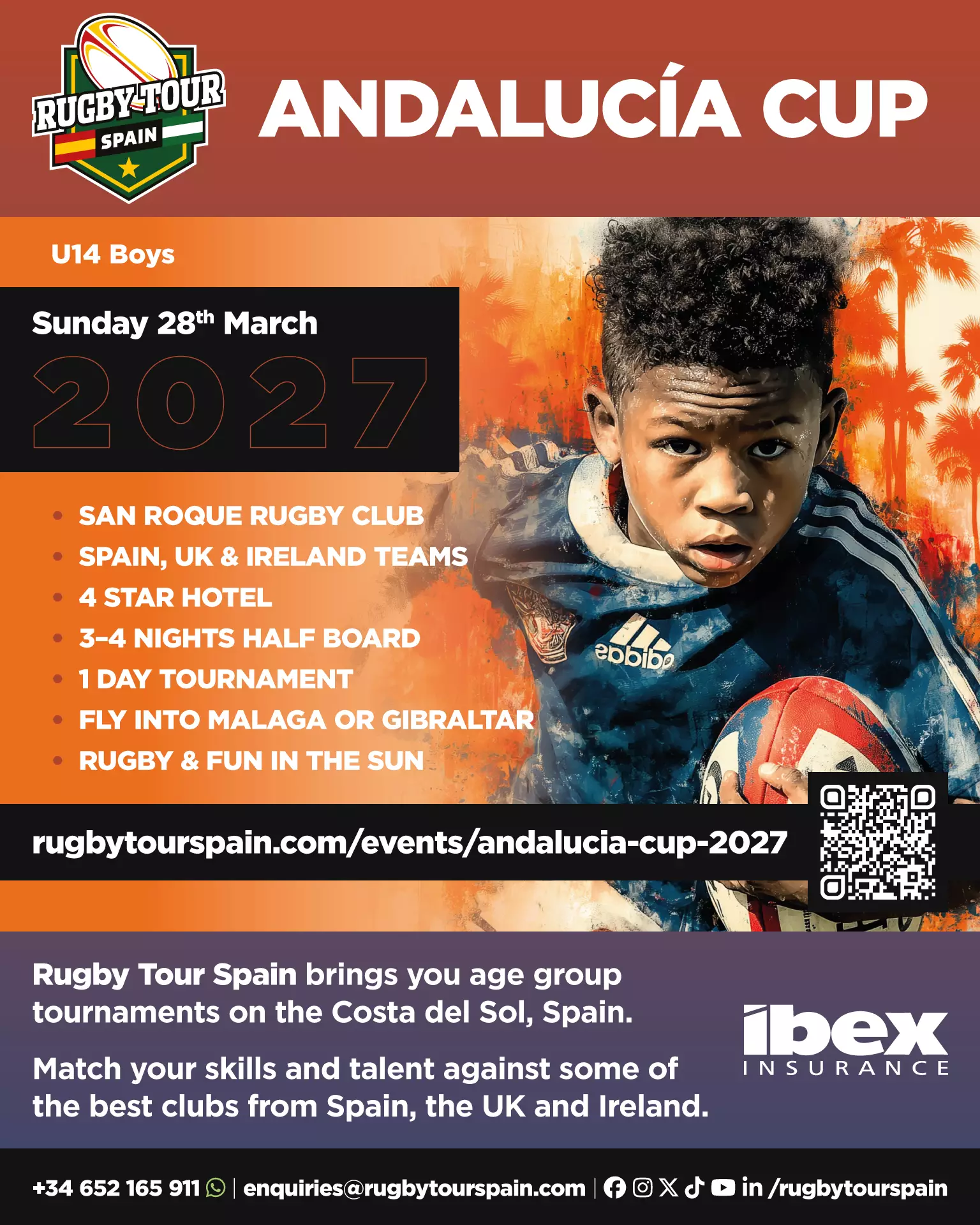 Poster advertising the U14 Boys Andalucia Cup 2027 rugby tournament in Spain, featuring event details and a focused young player holding a rugby ball.