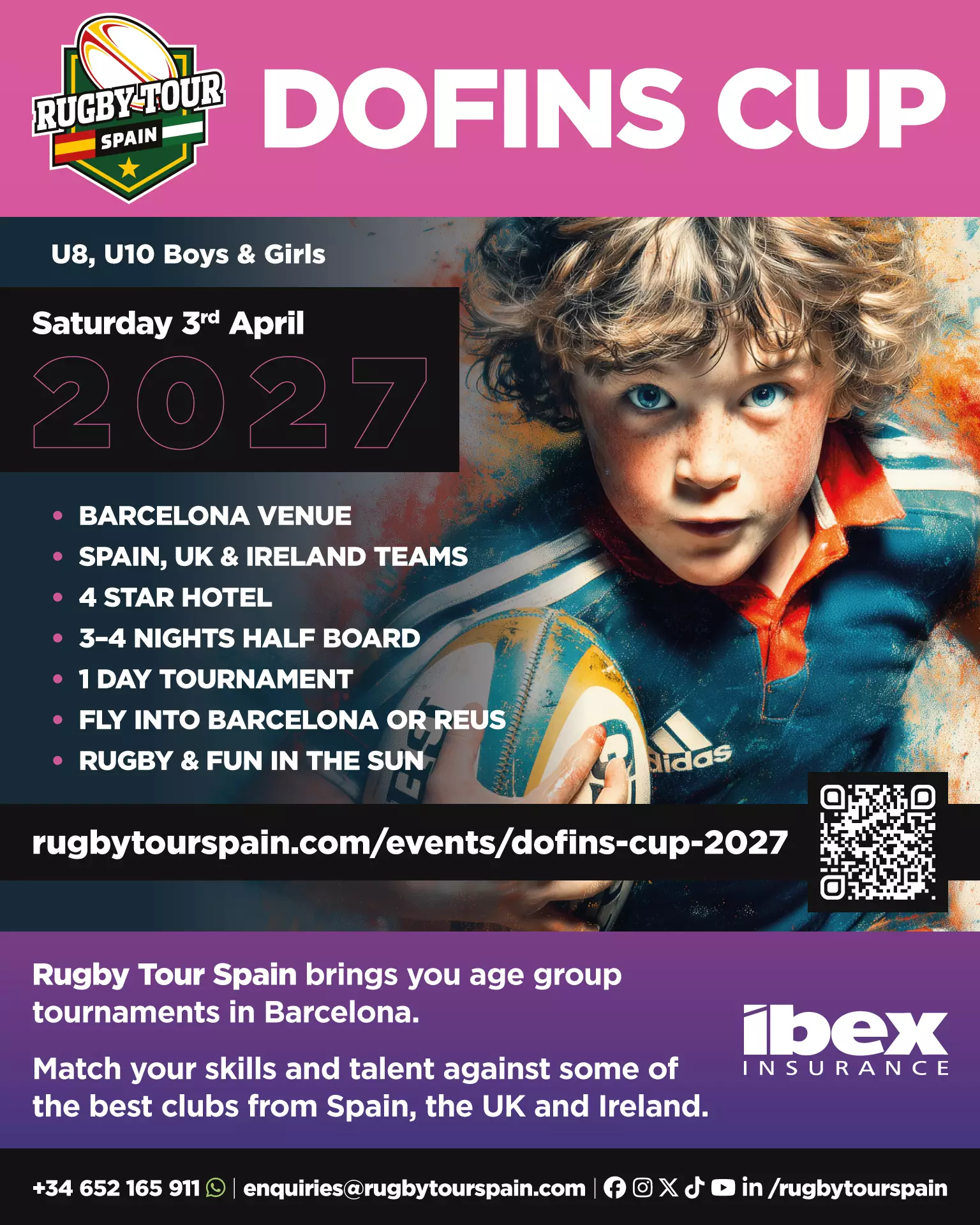 Poster for the Dofins Cup youth rugby tournament in Barcelona, 3 April 2027. Features a young rugby player in action, event details, and logos for Rugby Tour Spain and Ibex Insurance.