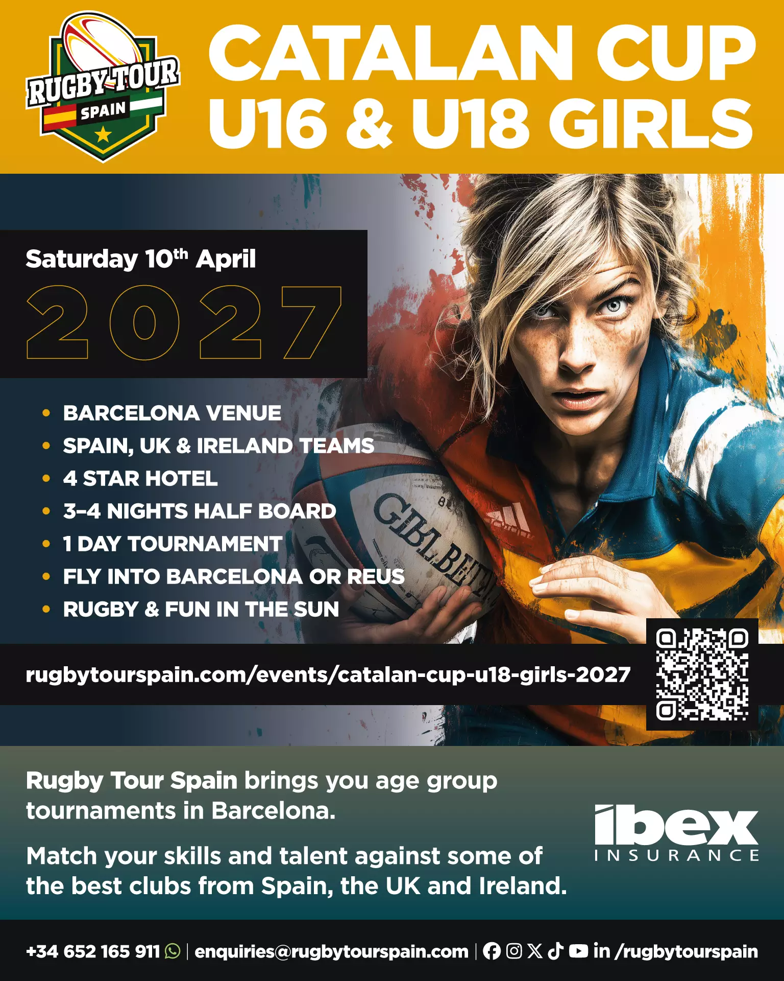 Poster for the Santboiana Catalan Cup U18 girls rugby tournament on April 10, 2027, with event details, website link, and sponsor logos.