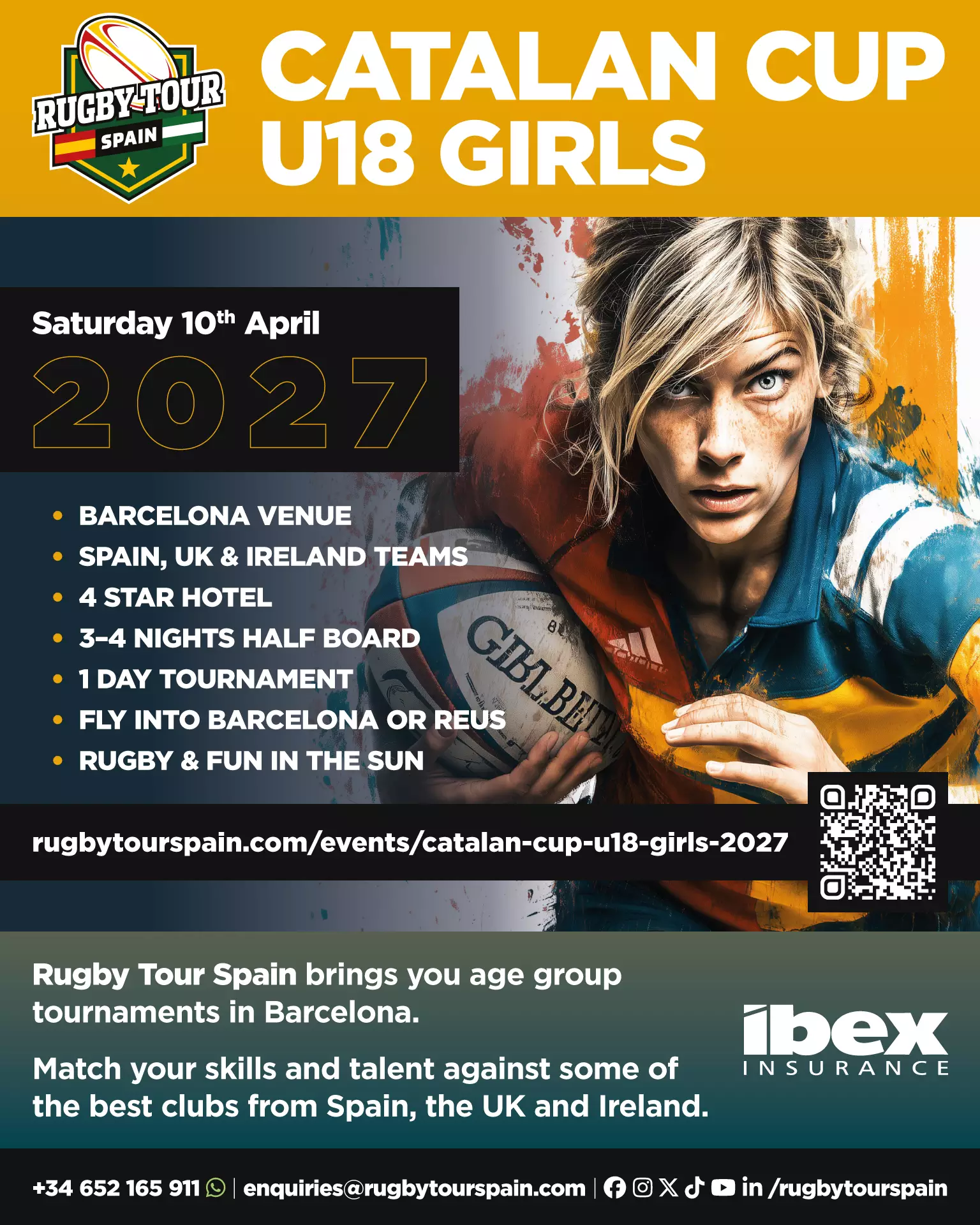 Poster for the Santboiana Catalan Cup U18 girls rugby tournament on April 10, 2027, with event details, website link, and sponsor logos.