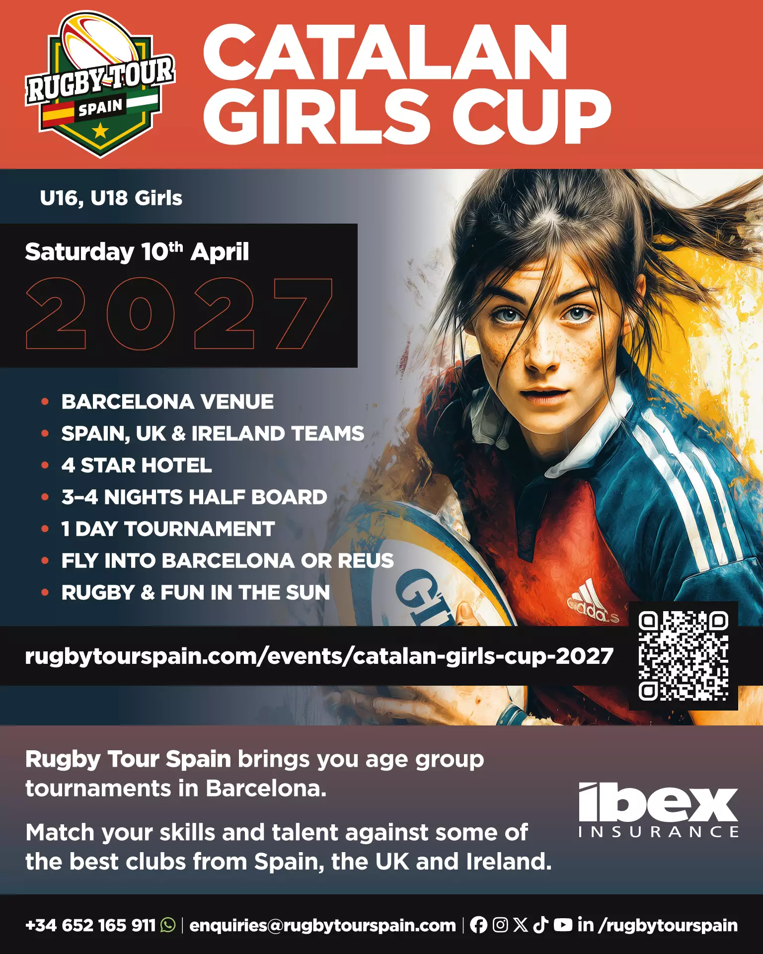 Flyer for the Mario Vilar Cup youth rugby tournament in Barcelona, for U8, U10, U12 boys and girls, scheduled for April 24, 2027, with international teams and travel details.