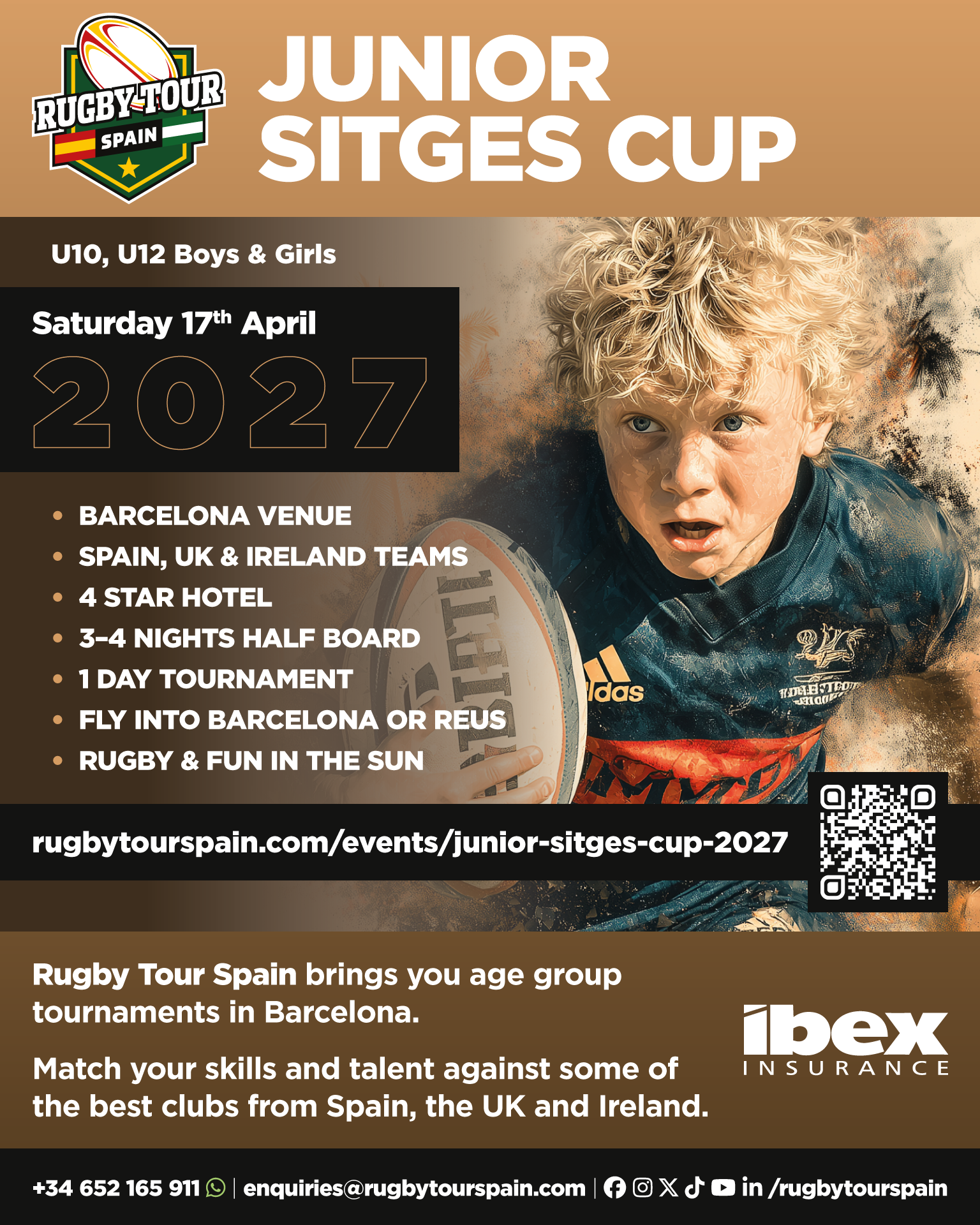Poster for the Junior Sitges Cup 2027, a youth rugby tournament in Barcelona, featuring event details, dates, and contact information, with a photo of a young rugby player in action.