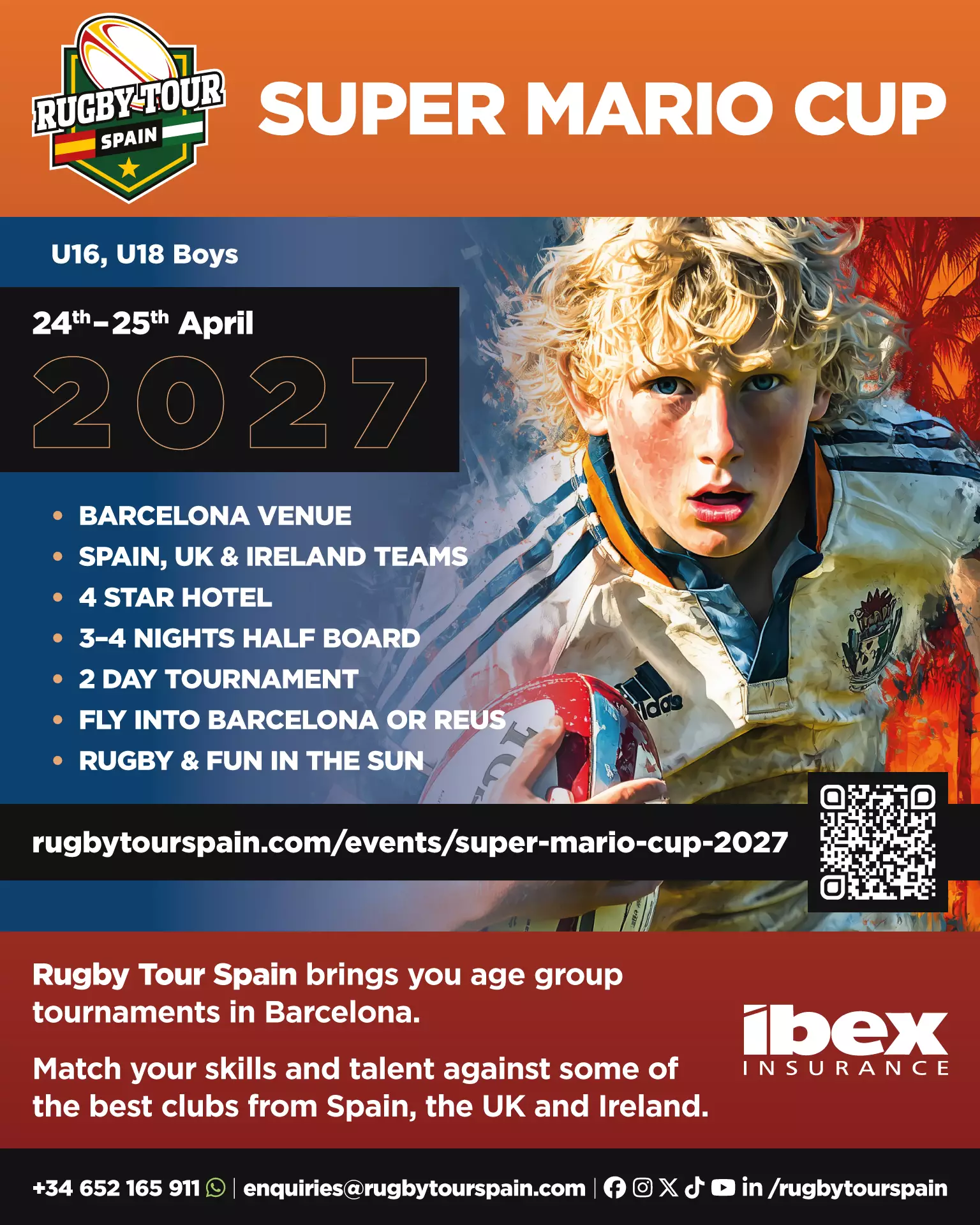 Poster advertising the "Super Mario Cup" rugby tournament for U16 and U18 boys in Barcelona, 24–25 April 2027, with a rugby player holding a ball in the foreground and event details listed.