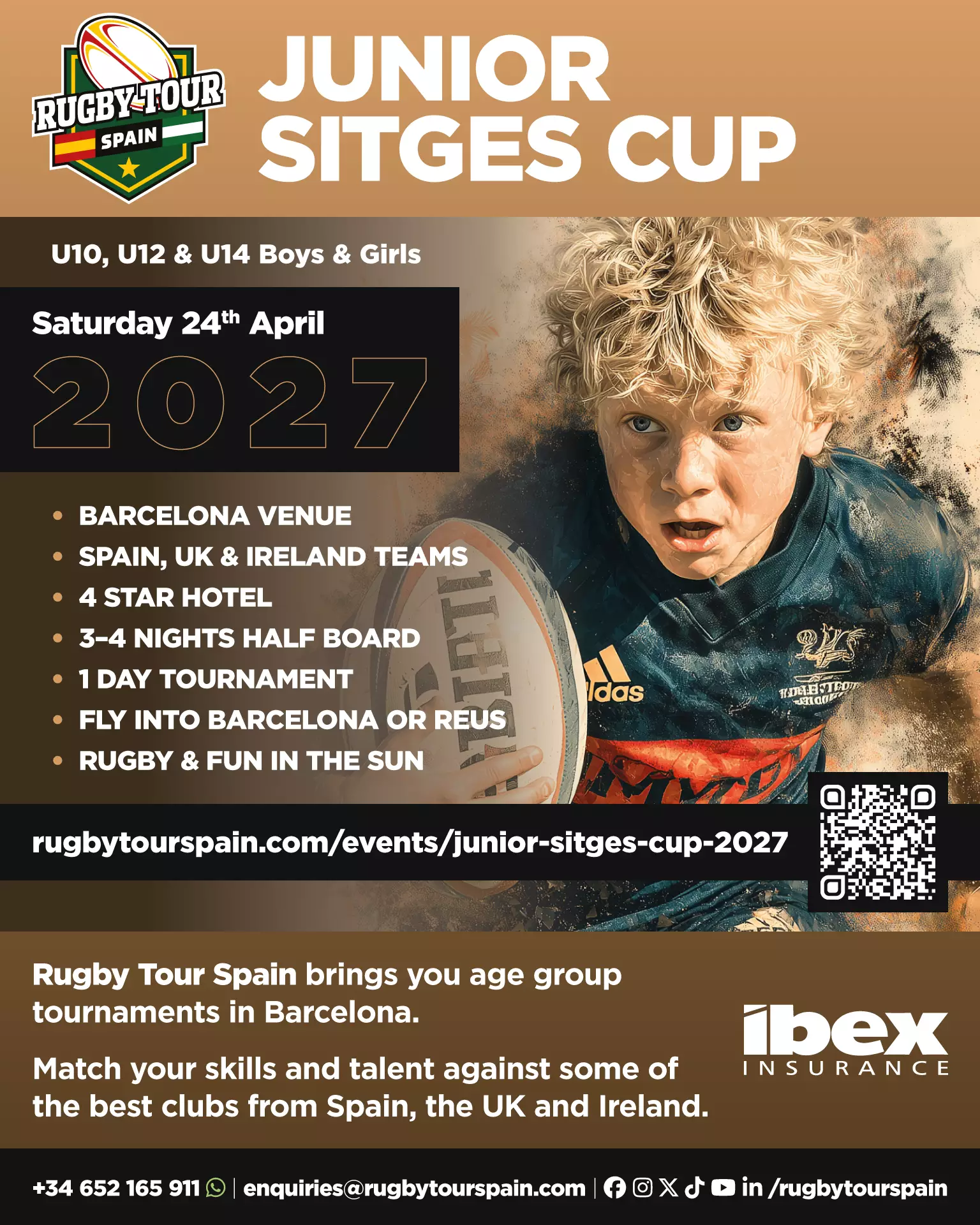 Poster for the Junior Sitges Cup 2027, a youth rugby tournament in Barcelona, featuring event details, dates, and contact information, with a photo of a young rugby player in action.