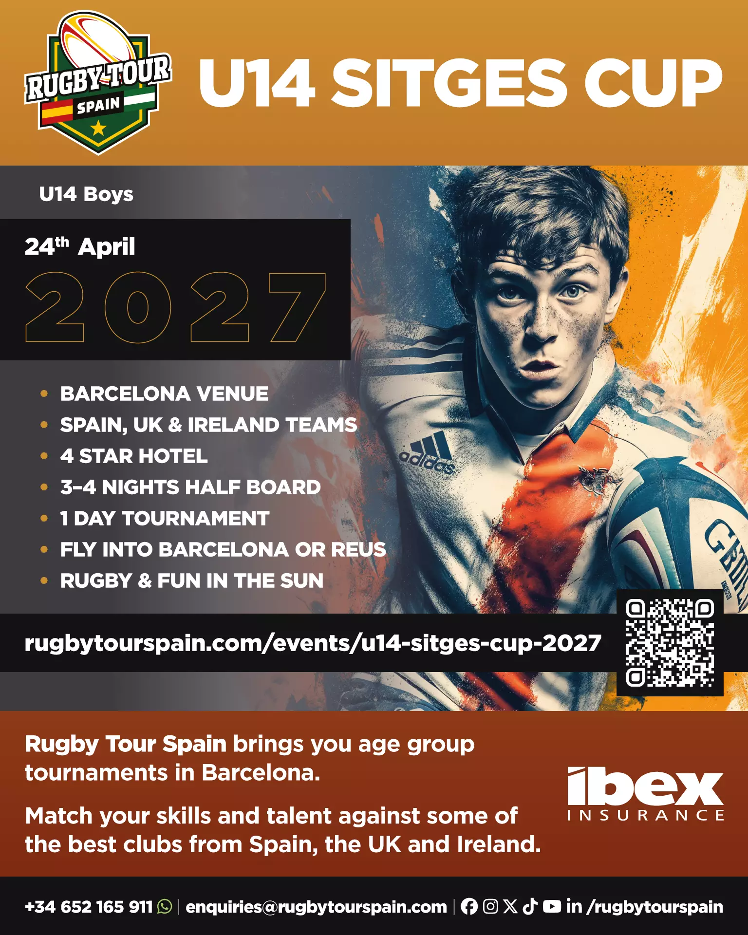 A young rugby player dives with a ball. Text advertises the Sitges Cup U14 Boys rugby tournament in Barcelona, April 2027, for teams from Spain, UK, and Ireland.