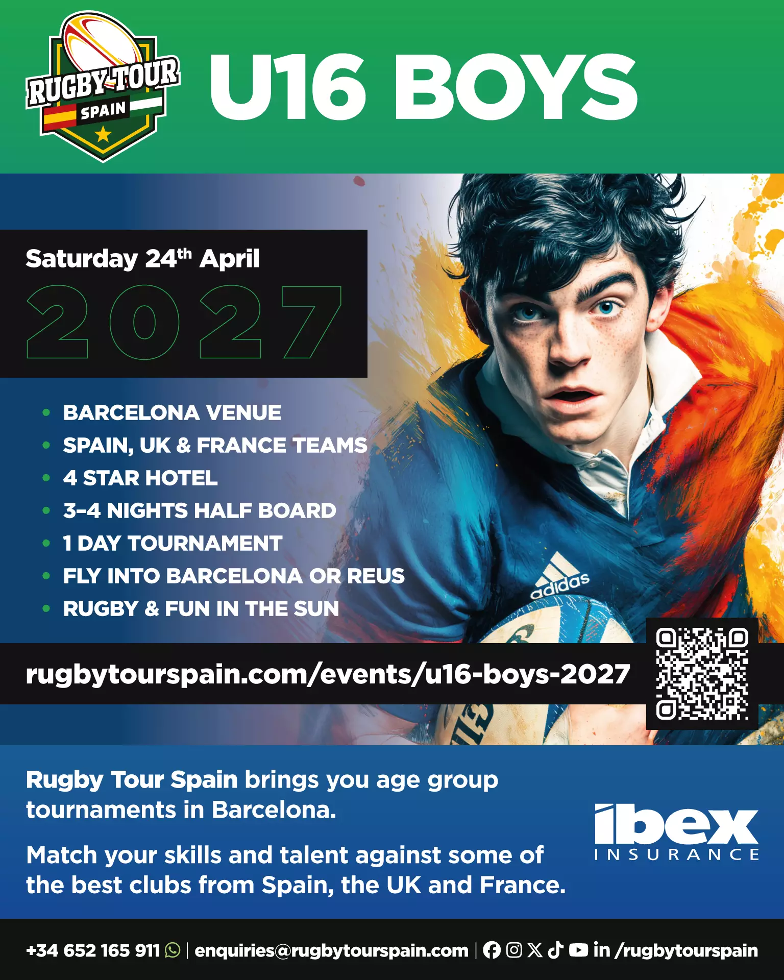 A promotional poster for the Rugby Tour Spain U16 Boys event in 2027, detailing location, teams, accommodation, and contact information with an image of a focused young male rugby player.