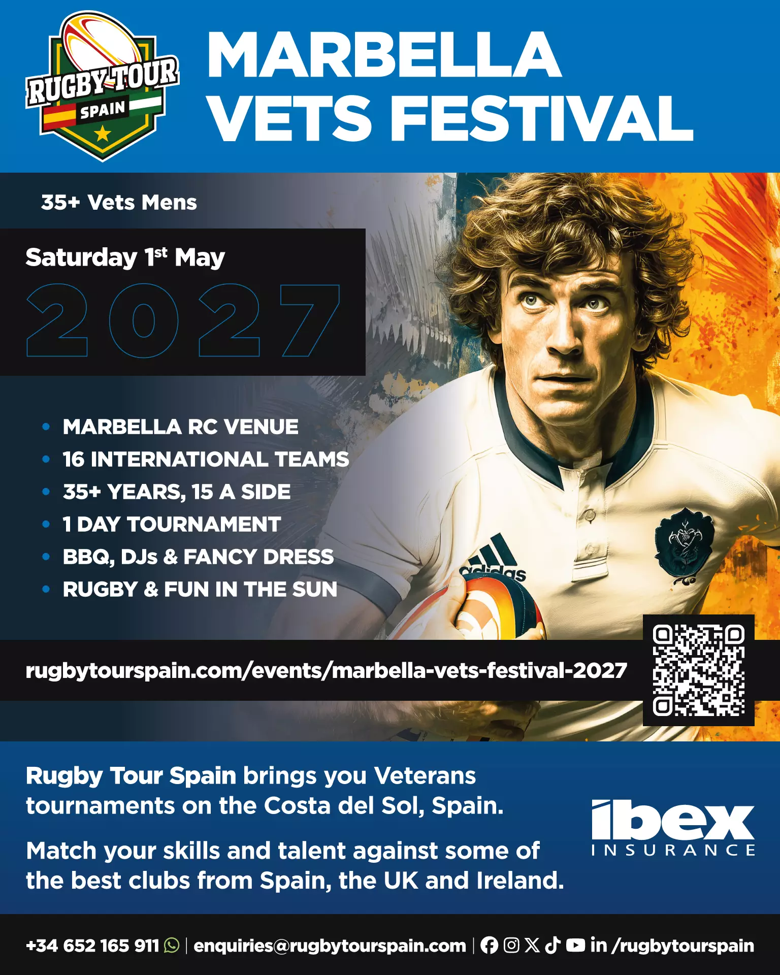 Poster for Marbella Vets Festival 2027 showing a rugby player, event details, date, and sponsor logos, with information on location, activities, and contact details.
