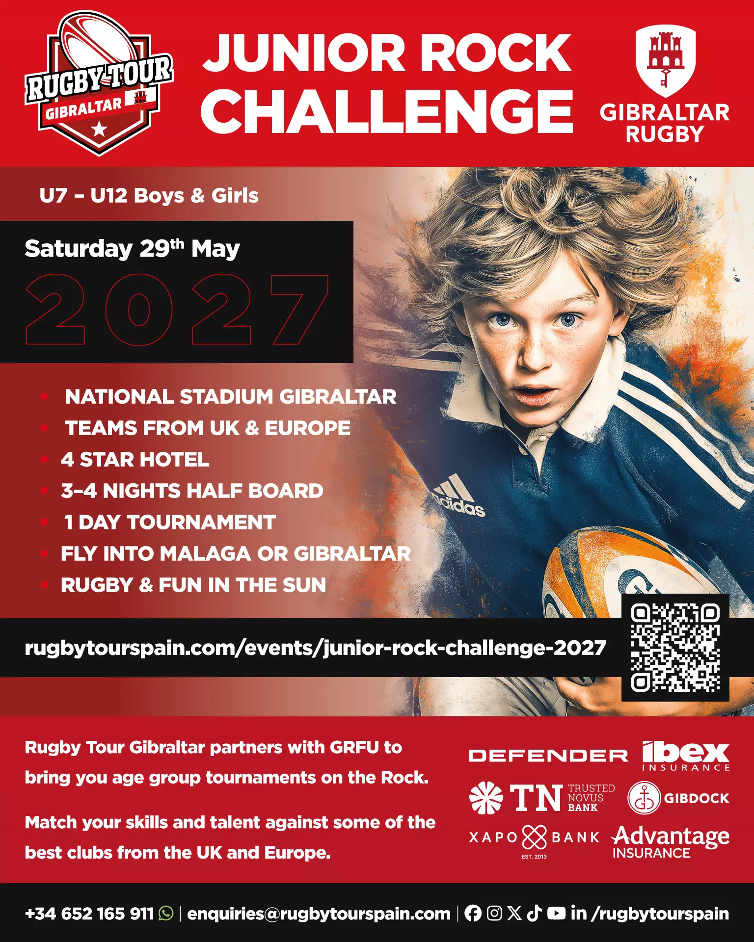 Poster for the Junior Rock Challenge 2027 rugby tournament in Gibraltar for U7-U12, featuring event details, sponsors, and contact information.