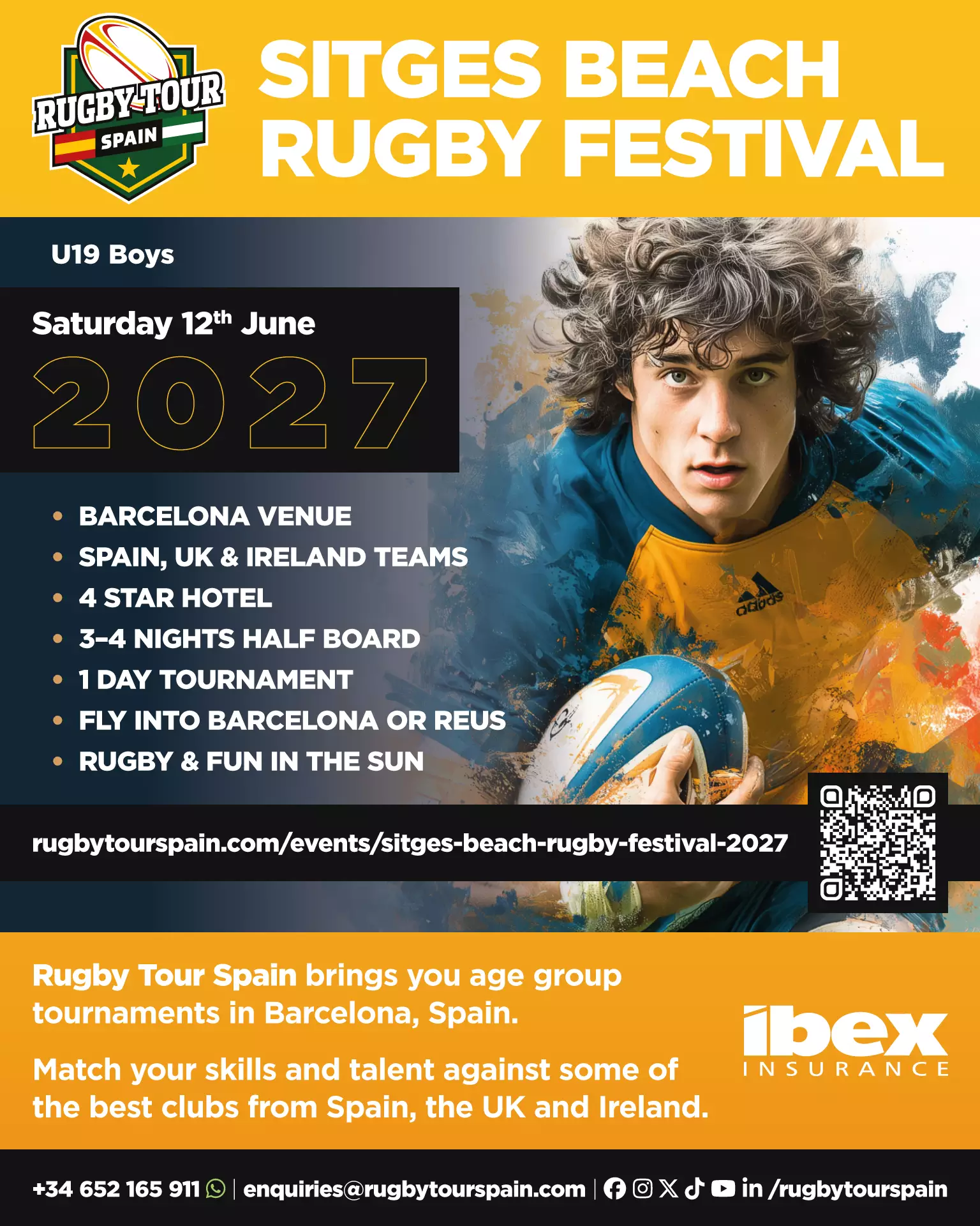 A promotional poster for the Sitges Beach Rugby Festival 2027 featuring event details for U19 boys, a player in action, and sponsor logos.