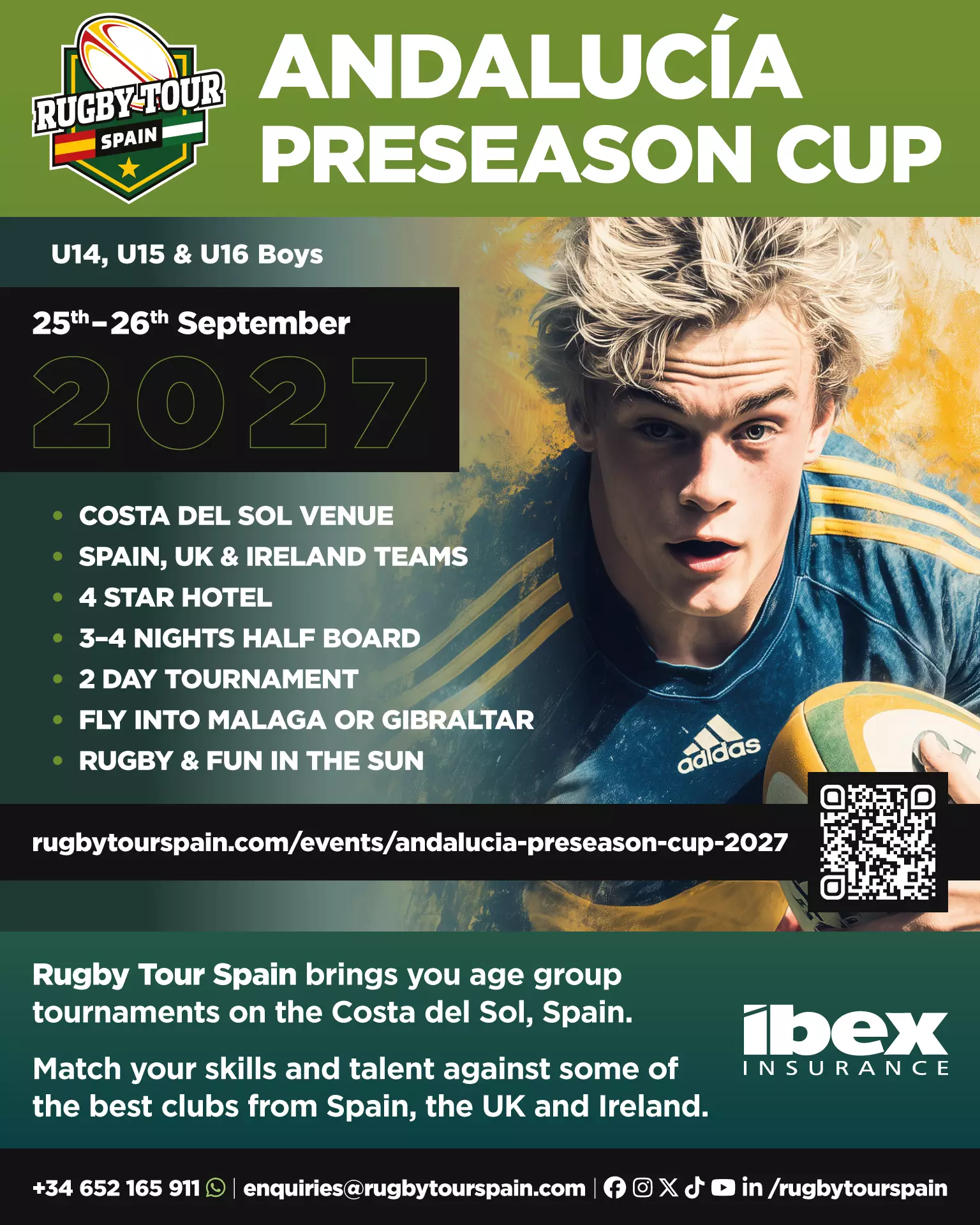 A young male rugby player in action holding a rugby ball, with details for the 2027 Andalucía Pre-season Cup for U14, U15, and U16 boys on the Costa del Sol, Spain.