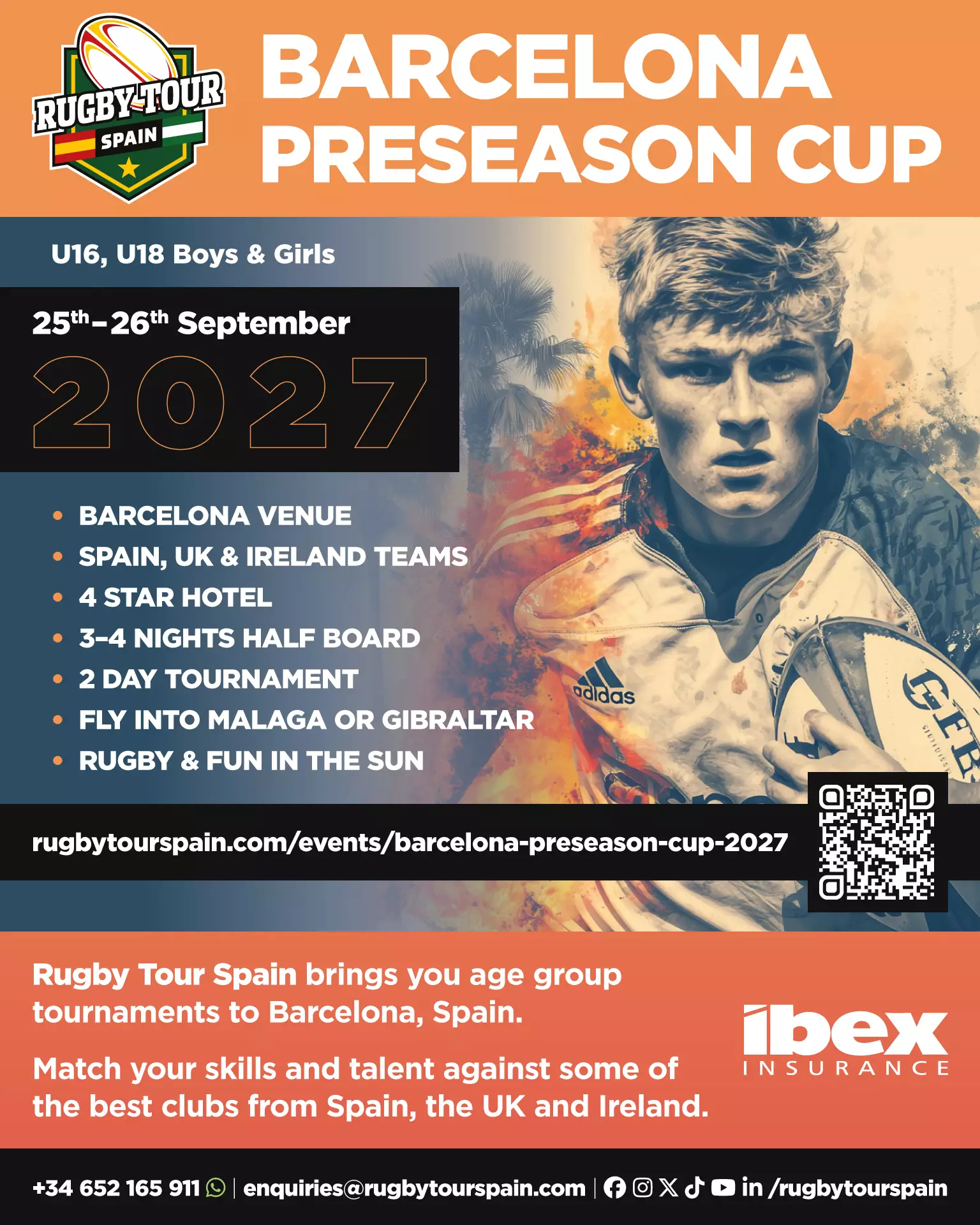 A promotional poster for the Rugby Tour Spain Preseason Challenge Cup 2027, featuring event details, a young boy holding a rugby ball, and sponsor logos.