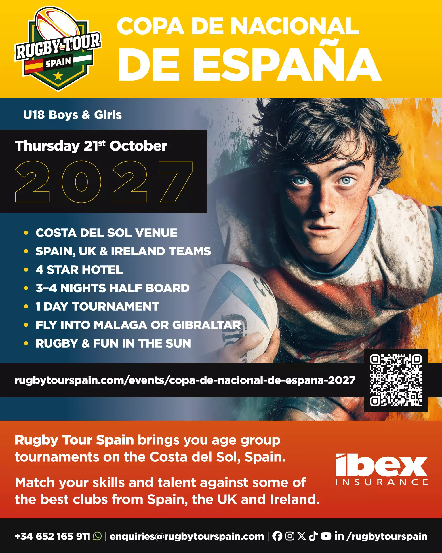 A promotional poster for the Copa de Nacional de España 2027 rugby tournament, featuring event details, dates, and a player in action.