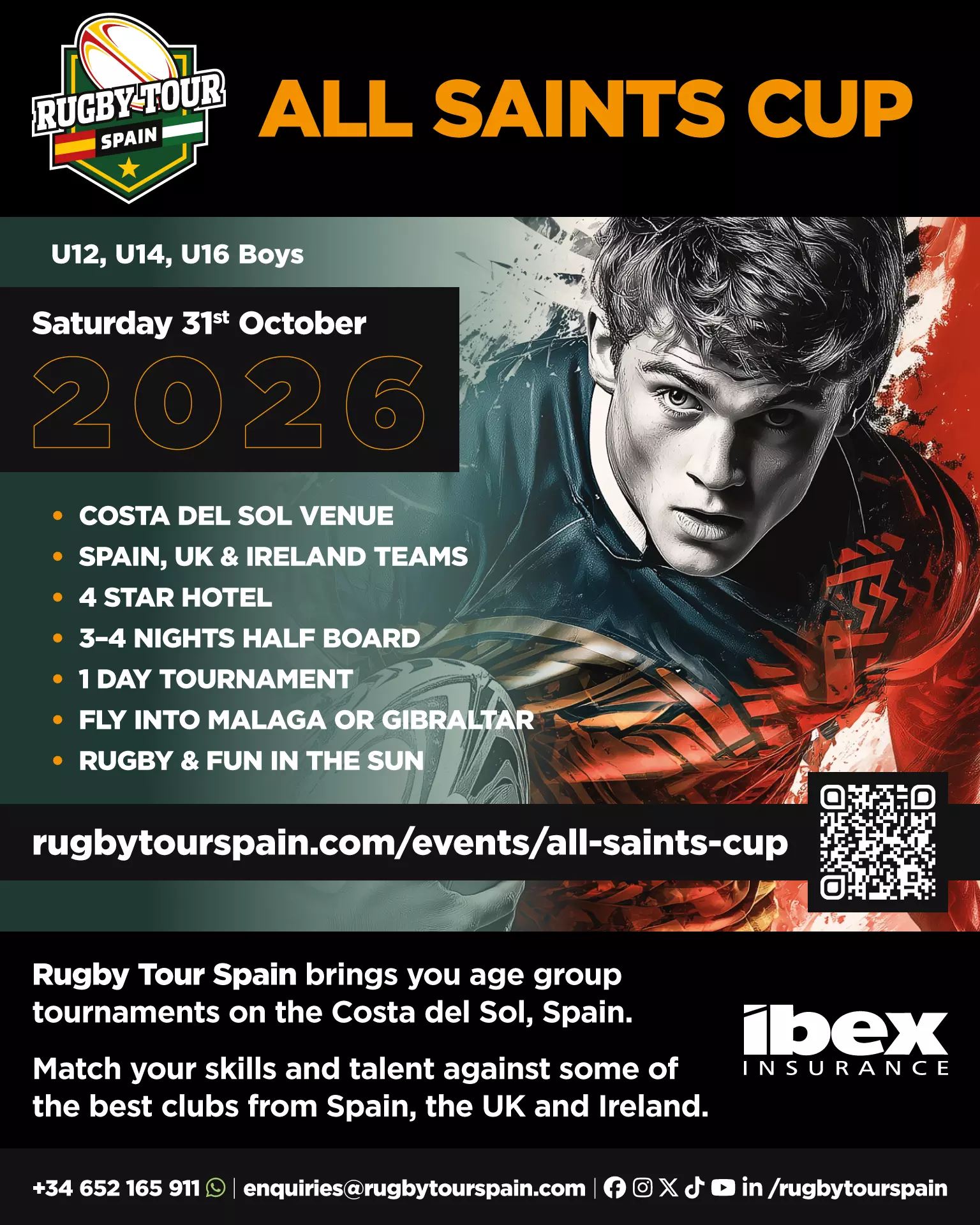 Promotional poster for the All Saints Cup youth rugby tournament in Spain, scheduled for October 31, 2026, featuring event details and contact information.
