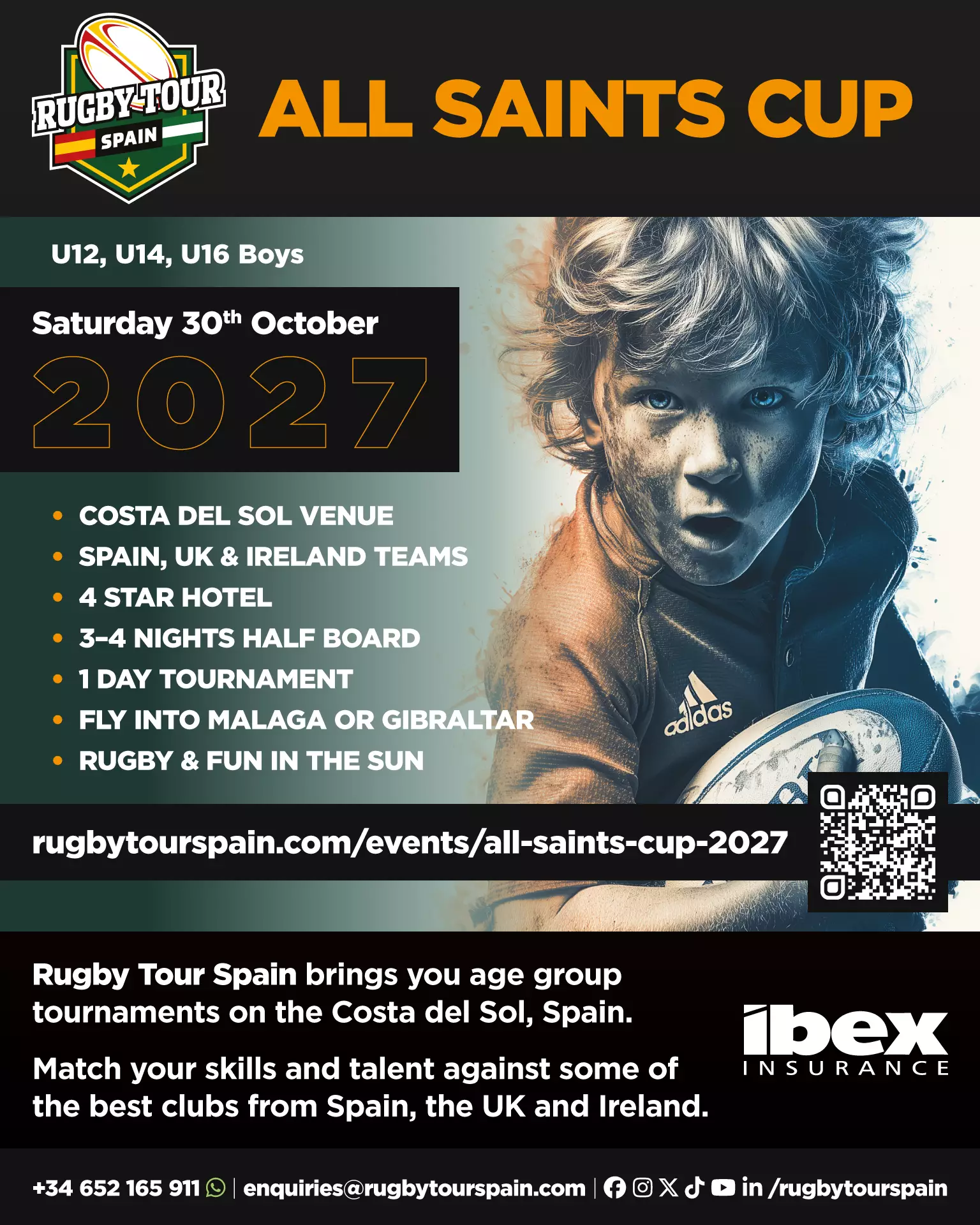 Promotional poster for the All Saints Cup rugby tournament for U12, U14, and U16 boys, taking place in Spain on October 30, 2027, with event and contact details.