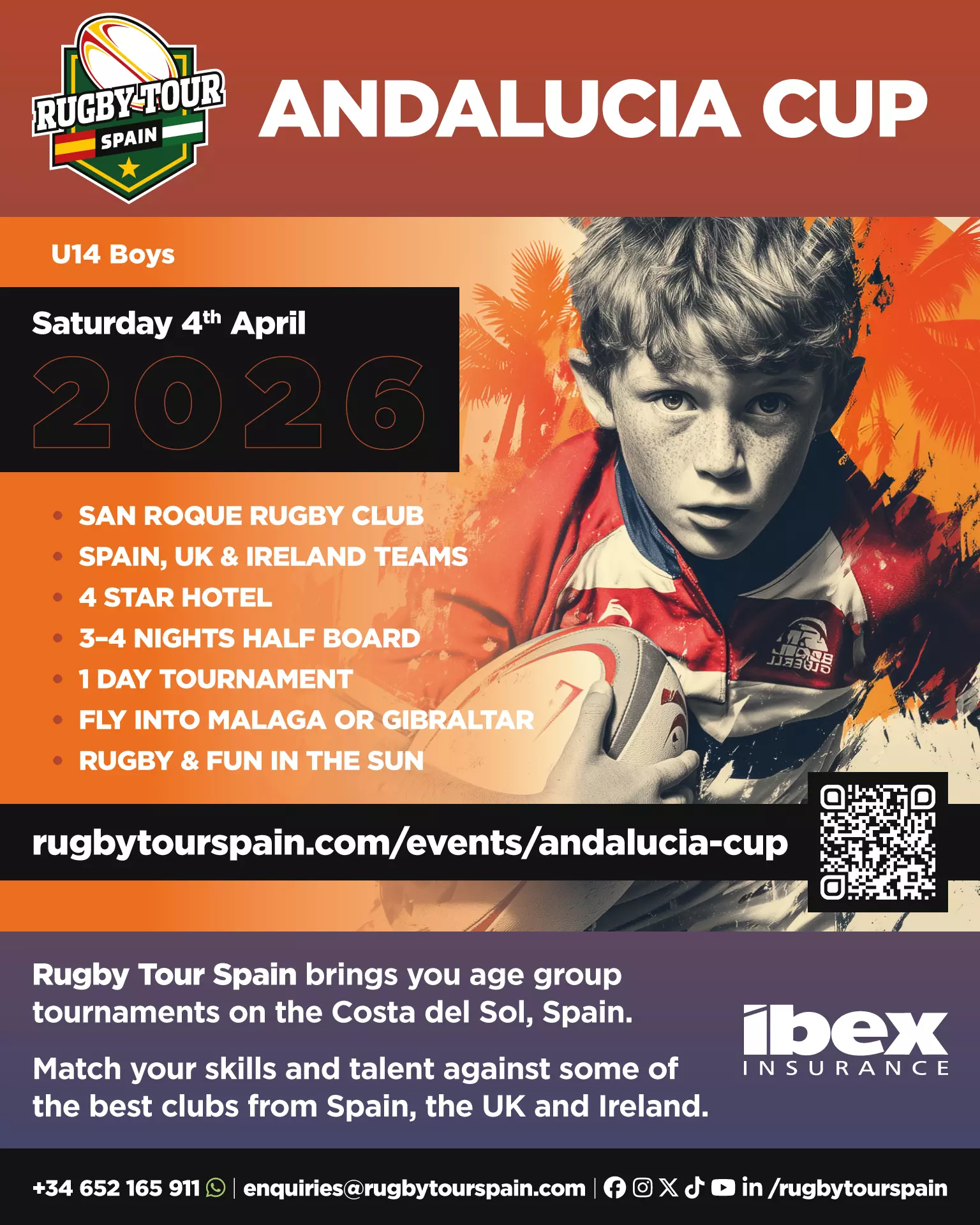 Poster for the 2026 Andalucia Cup U14 Boys rugby tournament, detailing event date, location, participating teams, and travel information, featuring a young player’s photo.