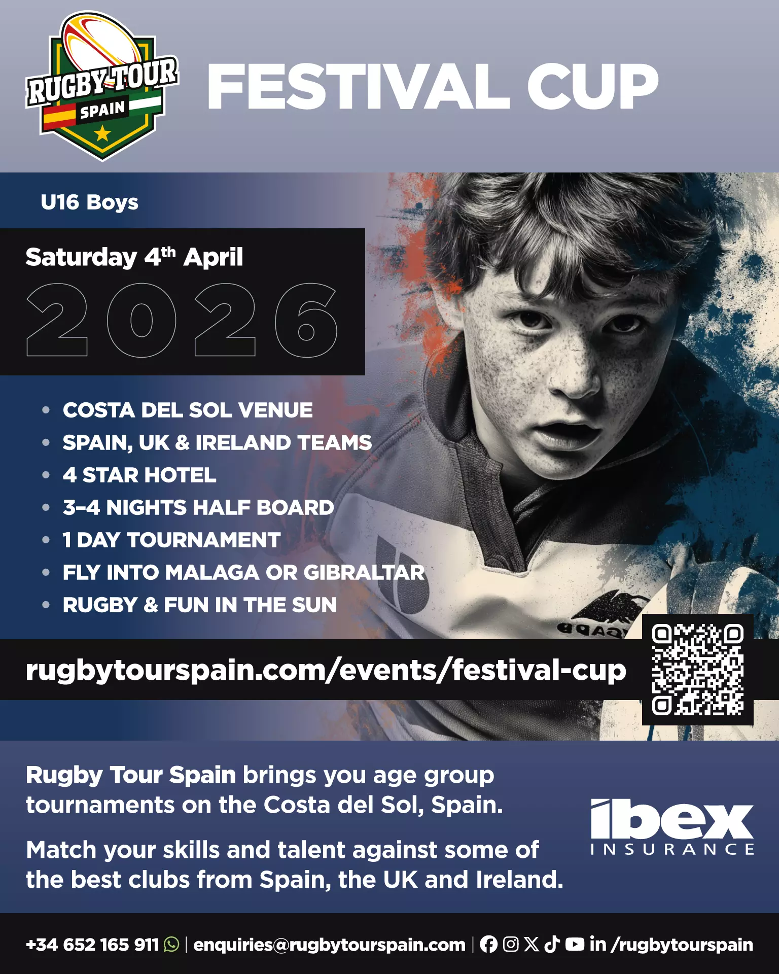 Promotional poster for the 2026 Rugby Tour Spain Festival Cup for U16 boys, detailing event date, location, format, and contact information.