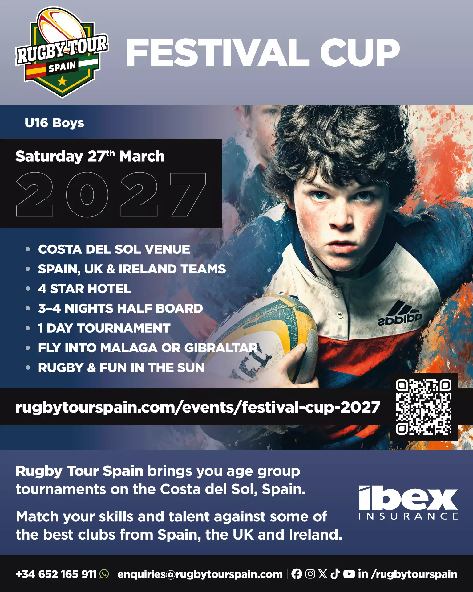 A young rugby player runs with a ball; promotional poster for the 2027 Rugby Tour Spain Festival Cup, U16 boys, with event details and contact information.
