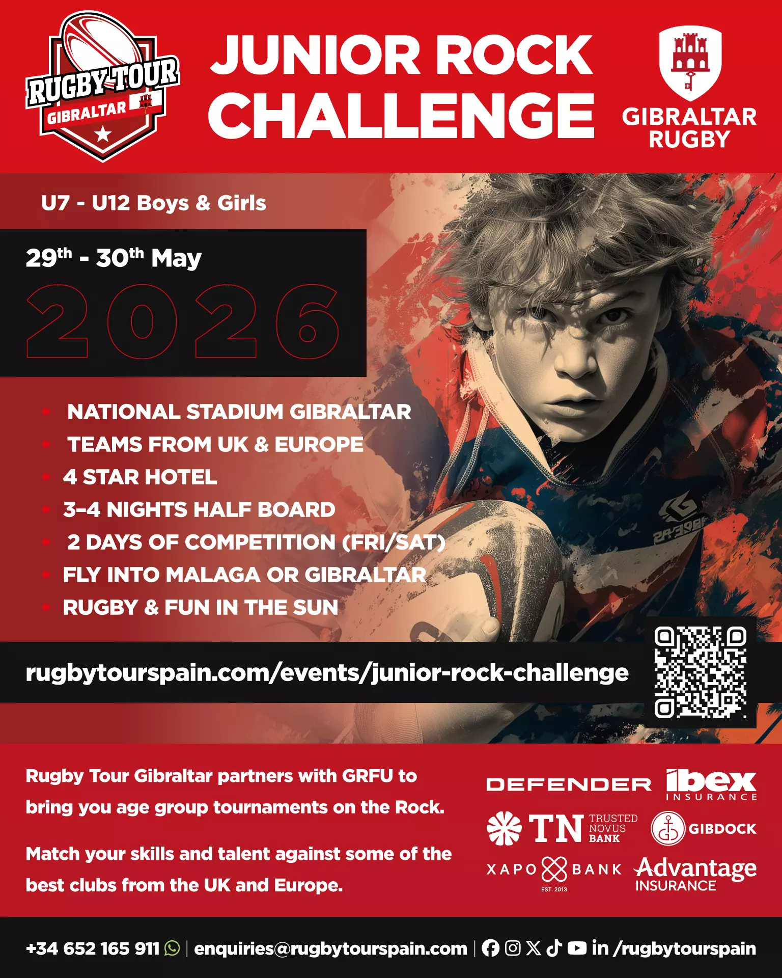 Poster for the 2026 Junior Rock Challenge rugby event in Gibraltar, featuring a young player and event details for U7-U12 boys and girls, taking place 29-30 May.