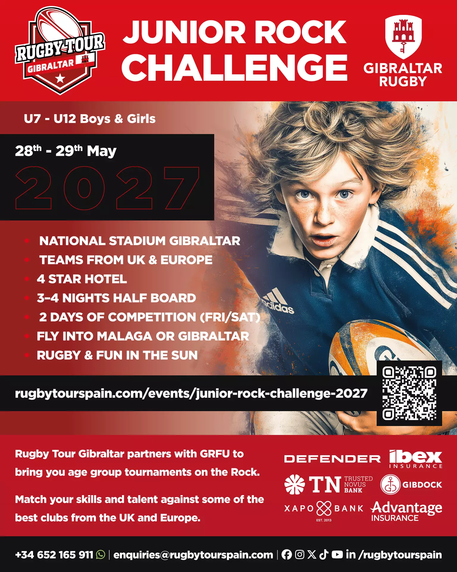 Poster for the Junior Rock Challenge 2027 rugby tournament in Gibraltar for U7-U12, featuring event details, sponsors, and contact information.