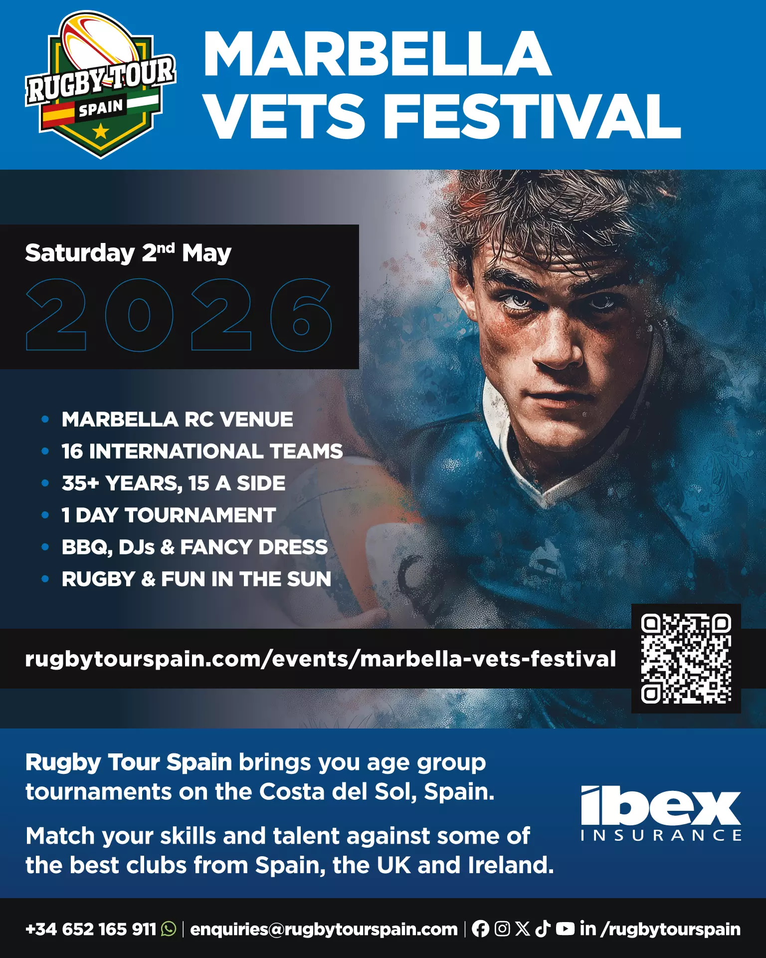 Poster for Marbella Vets Festival 2026 with a rugby player, event details, and sponsor logos on a blue background. Event date is Saturday, 2nd May, at Marbella RC Venue.