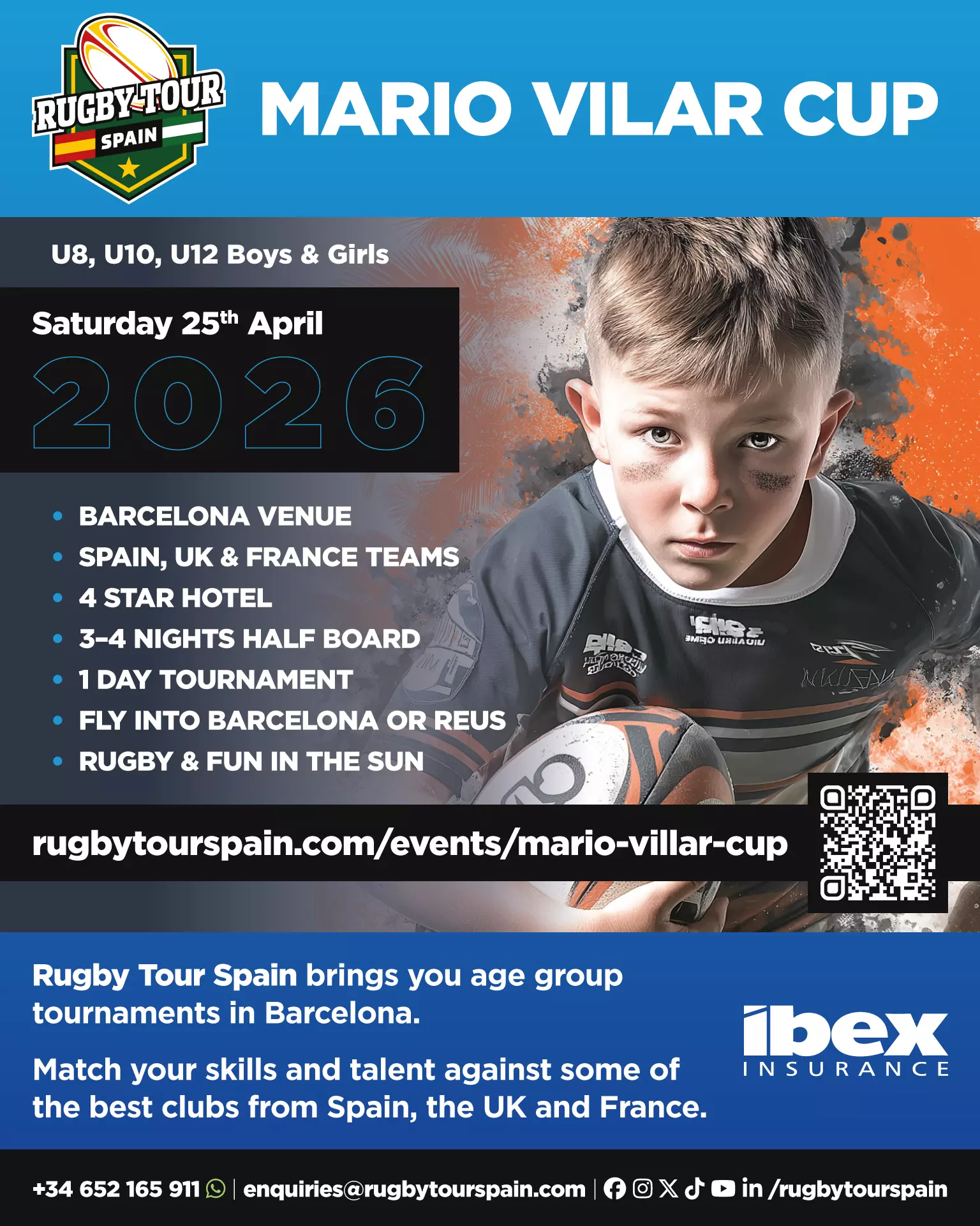 Flyer for the Mario Vilar Cup youth rugby tournament in Barcelona on April 25, 2026, featuring a close-up of a young rugby player and event details.