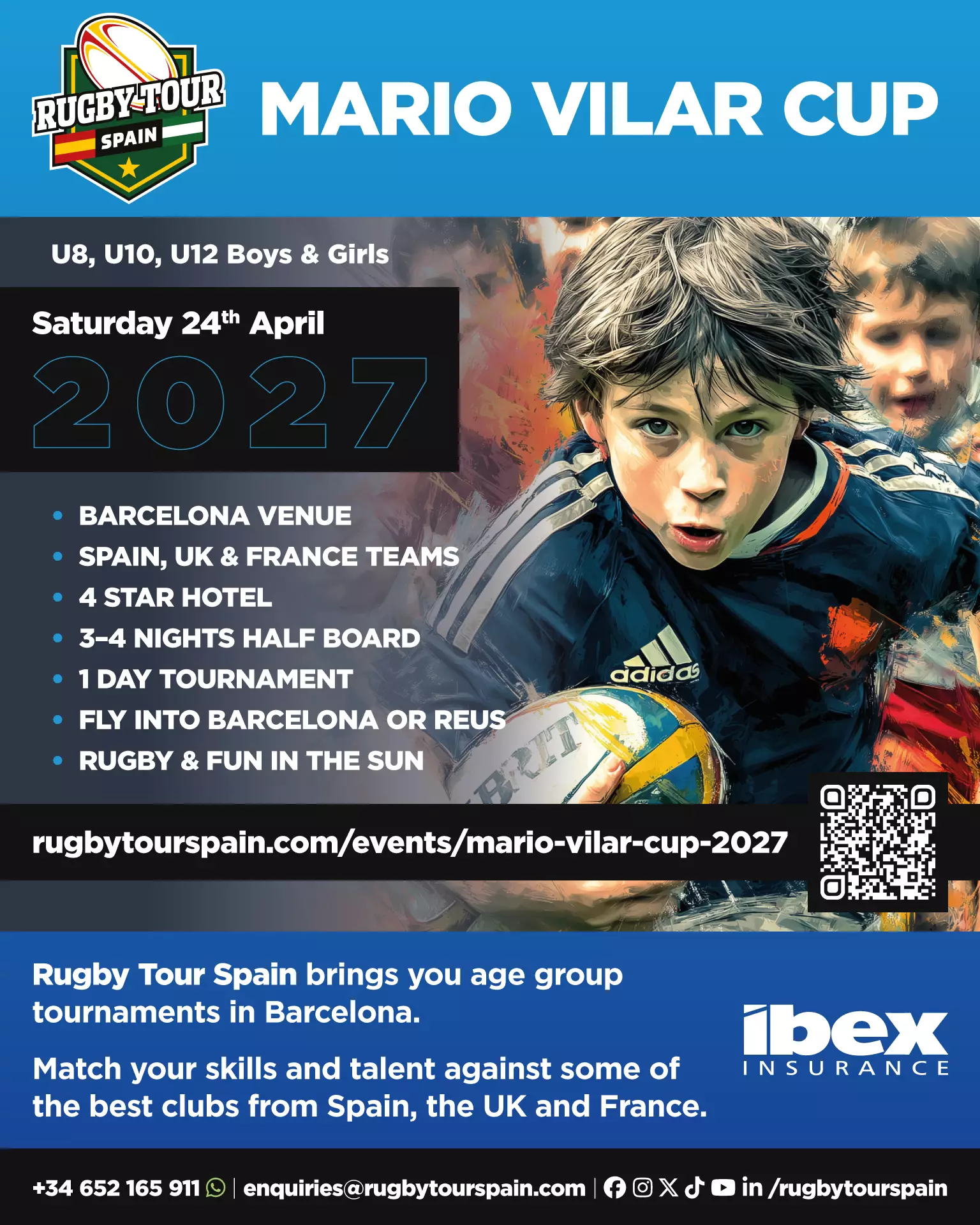 Flyer for the Mario Vilar Cup youth rugby tournament in Barcelona, for U8, U10, U12 boys and girls, scheduled for April 24, 2027, with international teams and travel details.