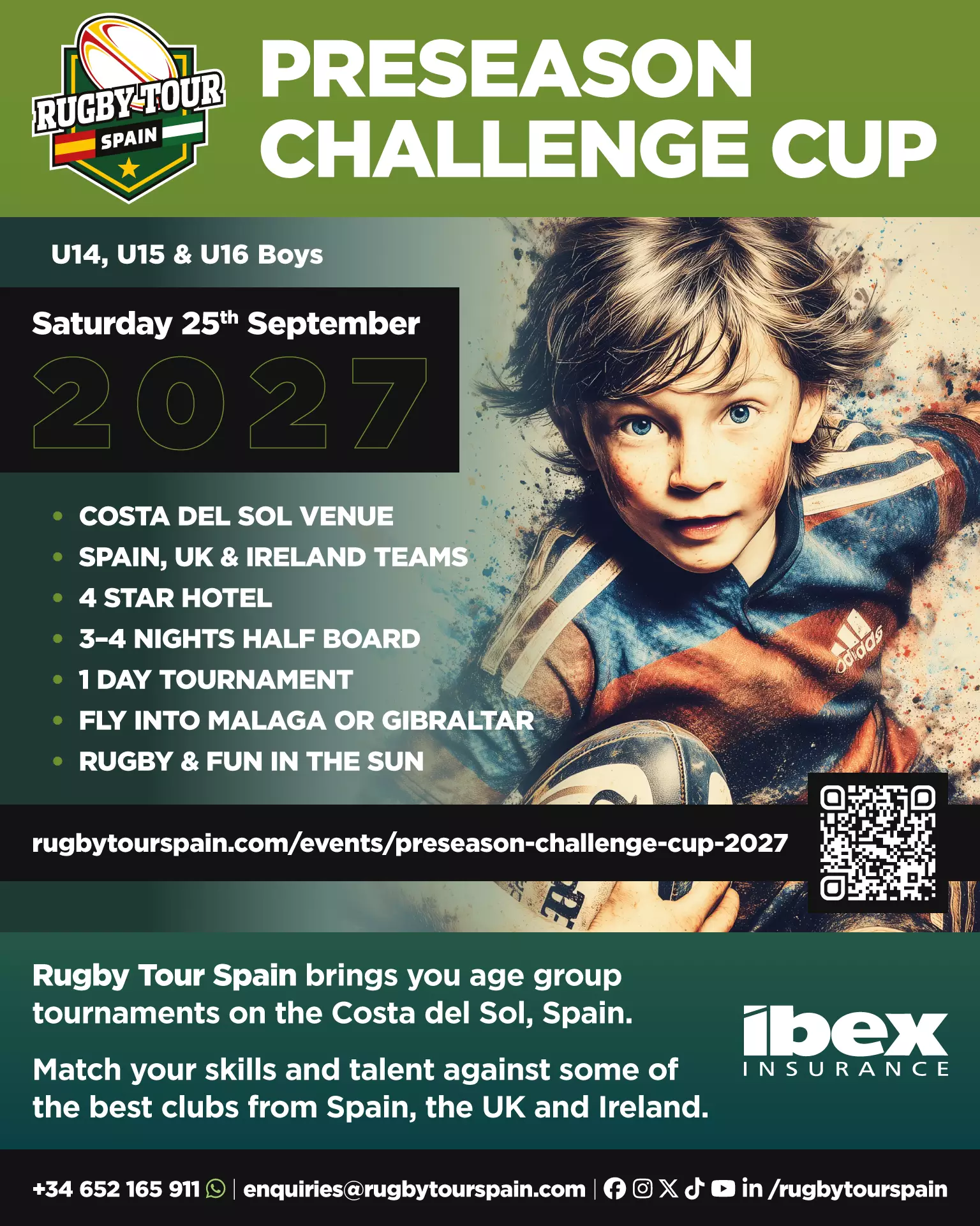 A promotional poster for the Rugby Tour Spain Preseason Challenge Cup 2027, featuring event details, a young boy holding a rugby ball, and sponsor logos.