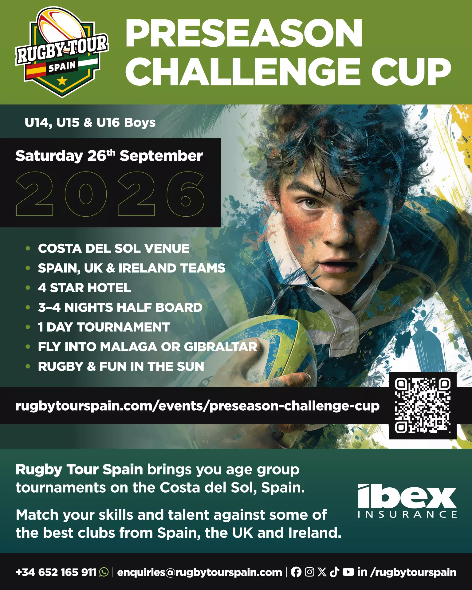 Promotional poster for the RugbyTour Spain Preseason Challenge Cup for U14, U15, and U16 boys, detailing event info, date, venue, and contact details.