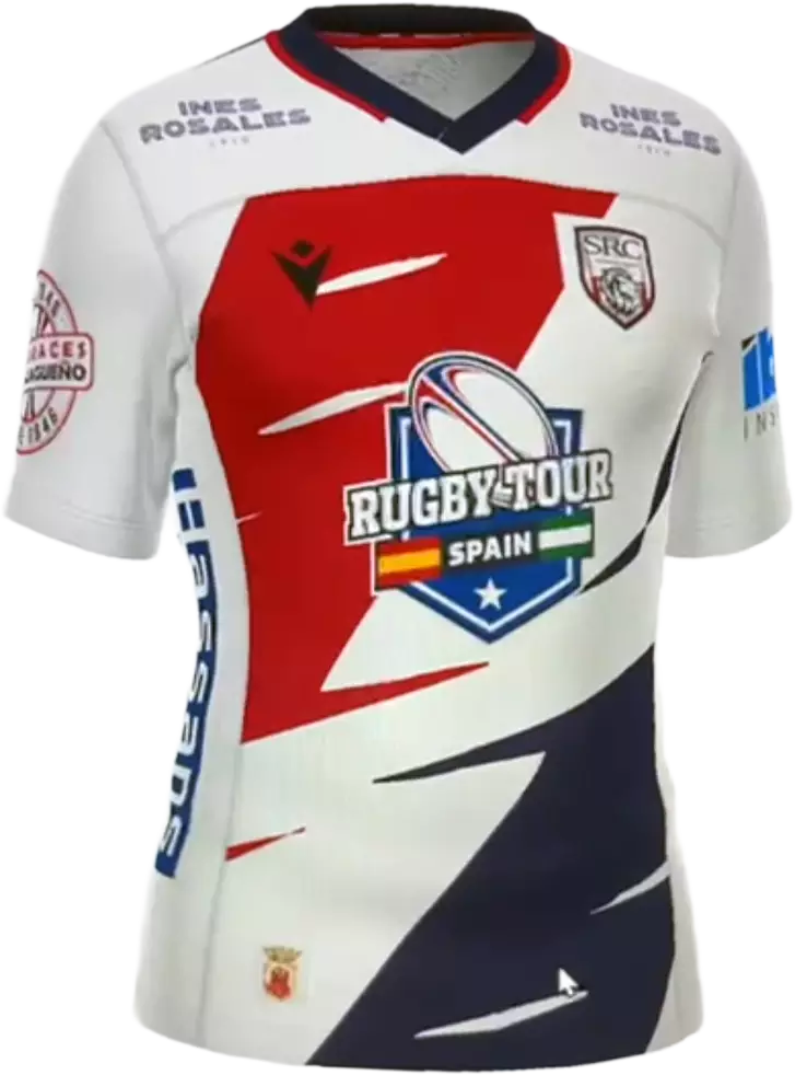 A short-sleeved rugby jersey featuring a red, white, and navy geometric design with 
