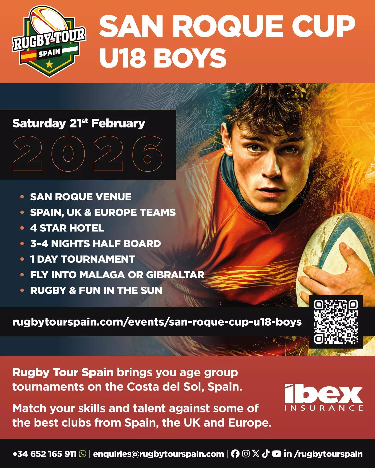 Poster for the San Roque Cup U18 Boys rugby tournament 2026, featuring a player holding a ball and event details such as date, location, and contact information.