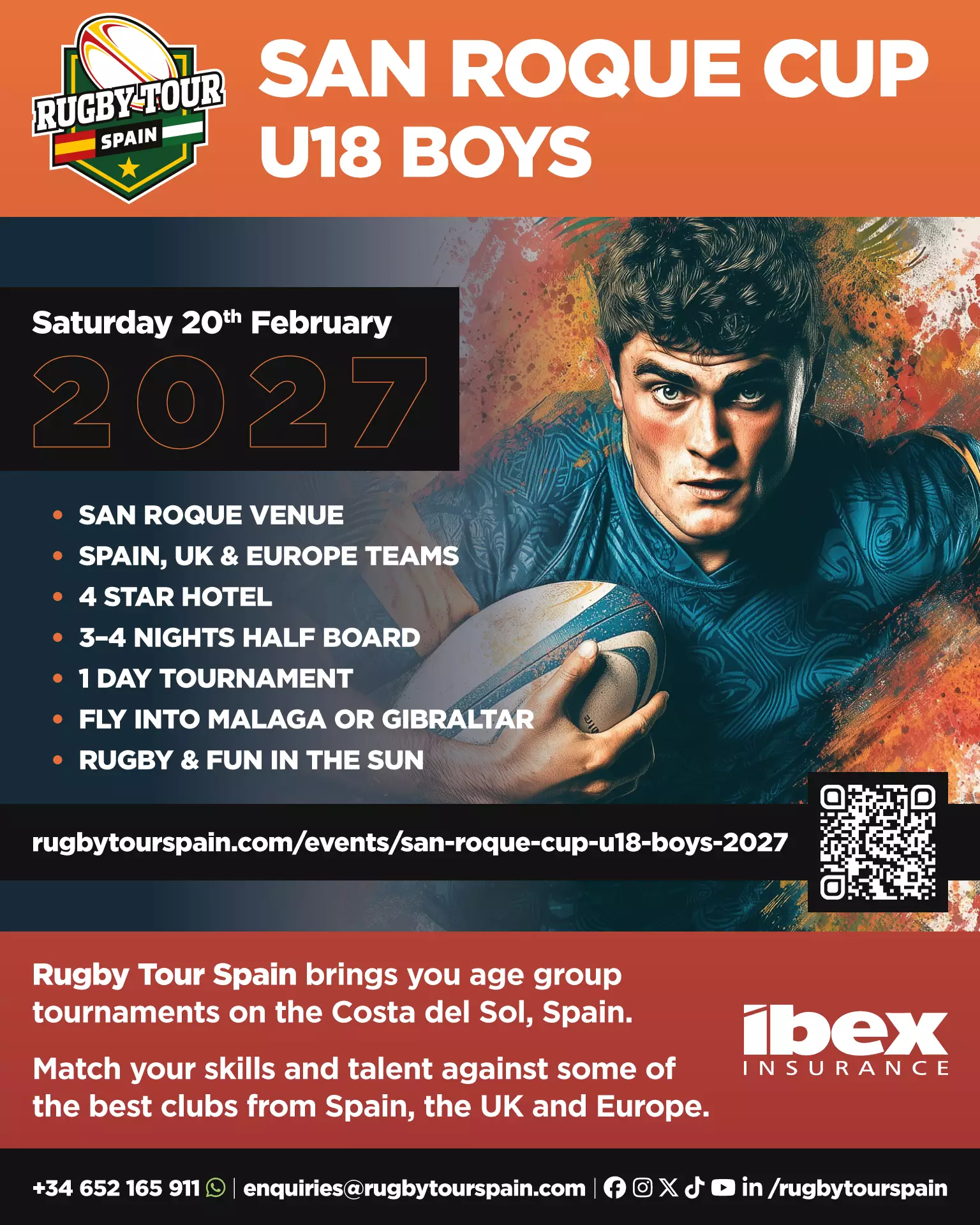 A promotional poster for the San Roque Cup U18 Boys rugby tournament, with event details, a rugby player holding a ball, and sponsor logos.