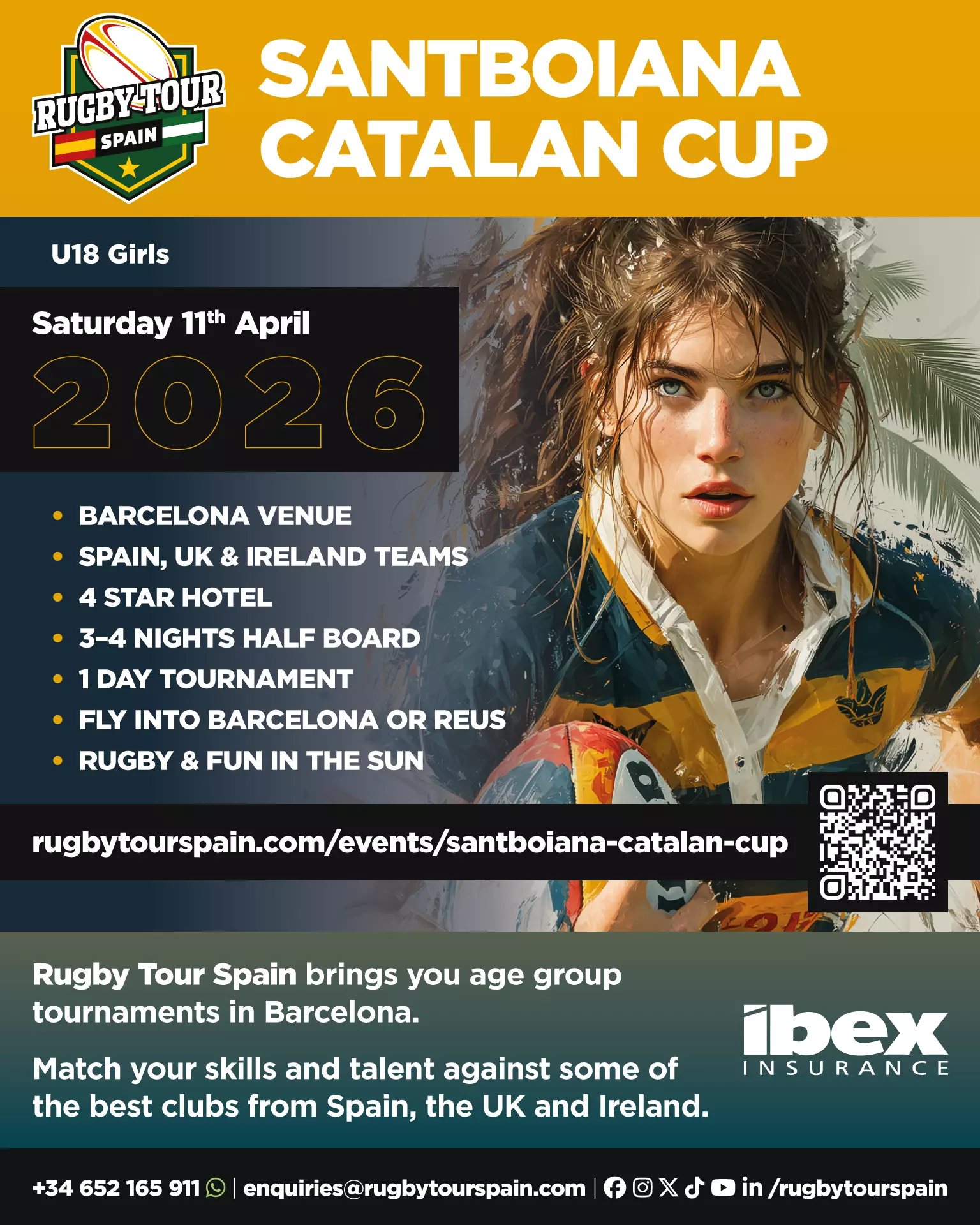 A young female rugby player in a muddy jersey holds a ball, promoting the 2026 Santboiana Catalan Cup U18 girls' tournament in Barcelona. Event details and sponsors are shown.