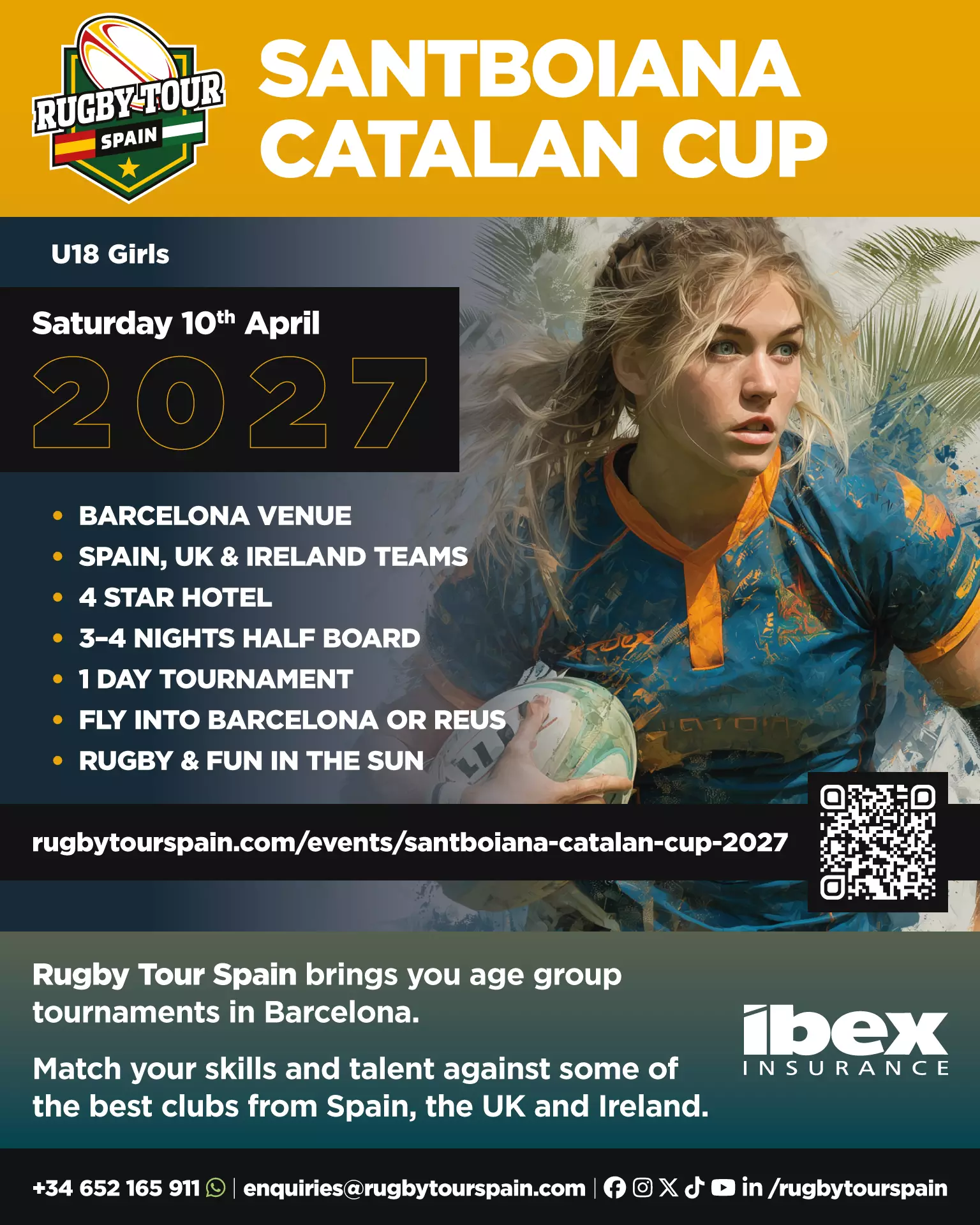 Poster for the Santboiana Catalan Cup U18 girls rugby tournament on April 10, 2027, with event details, website link, and sponsor logos.