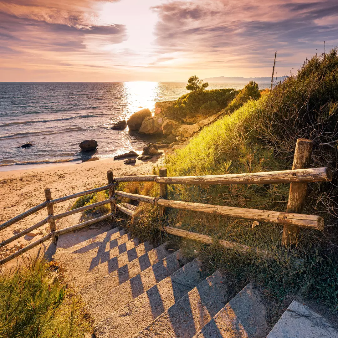 Sitges beach stairs at sunrise.