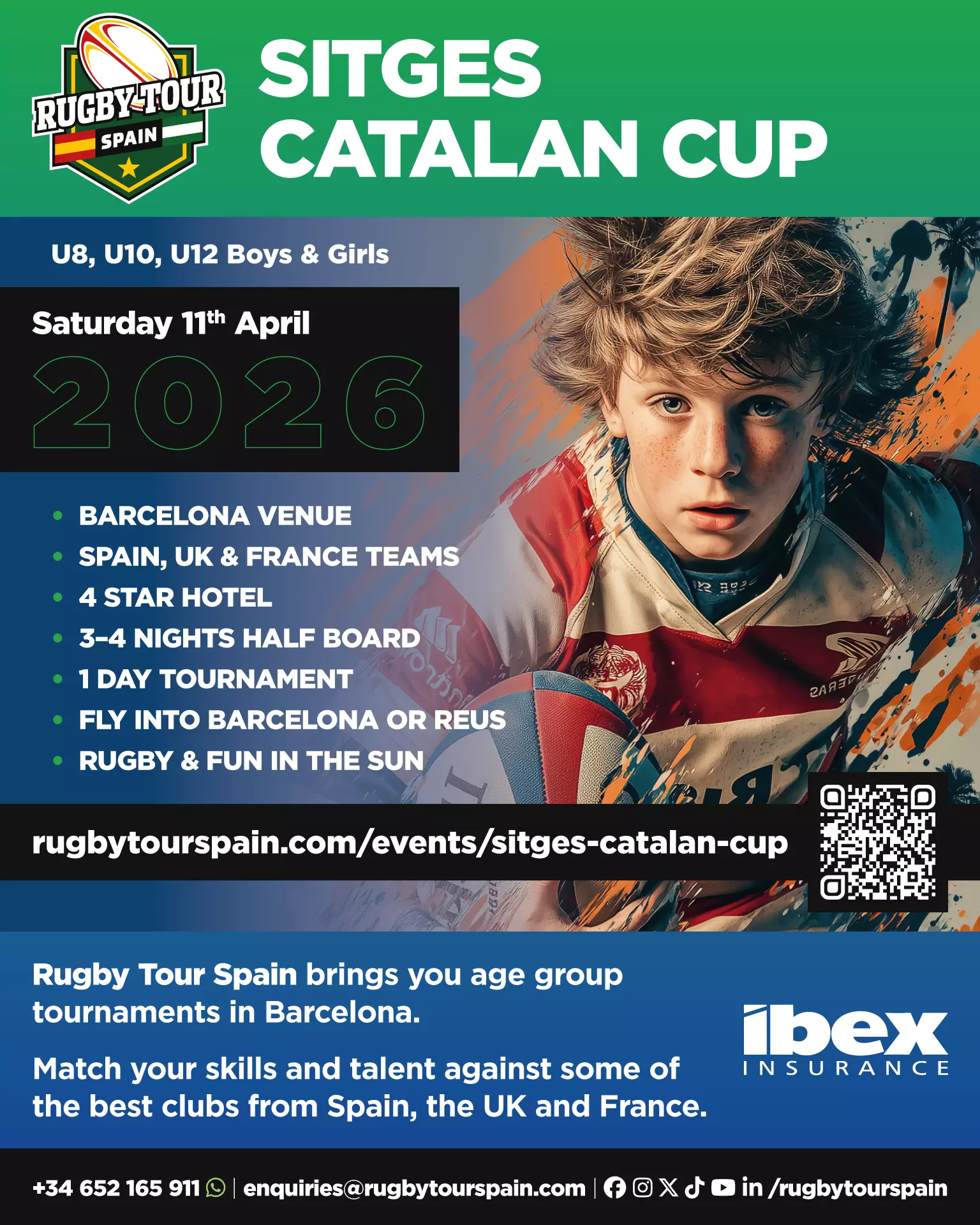 A promotional poster for the Sitges Catalan Cup youth rugby tournament in Barcelona, featuring event details and a focused young player holding a rugby ball.