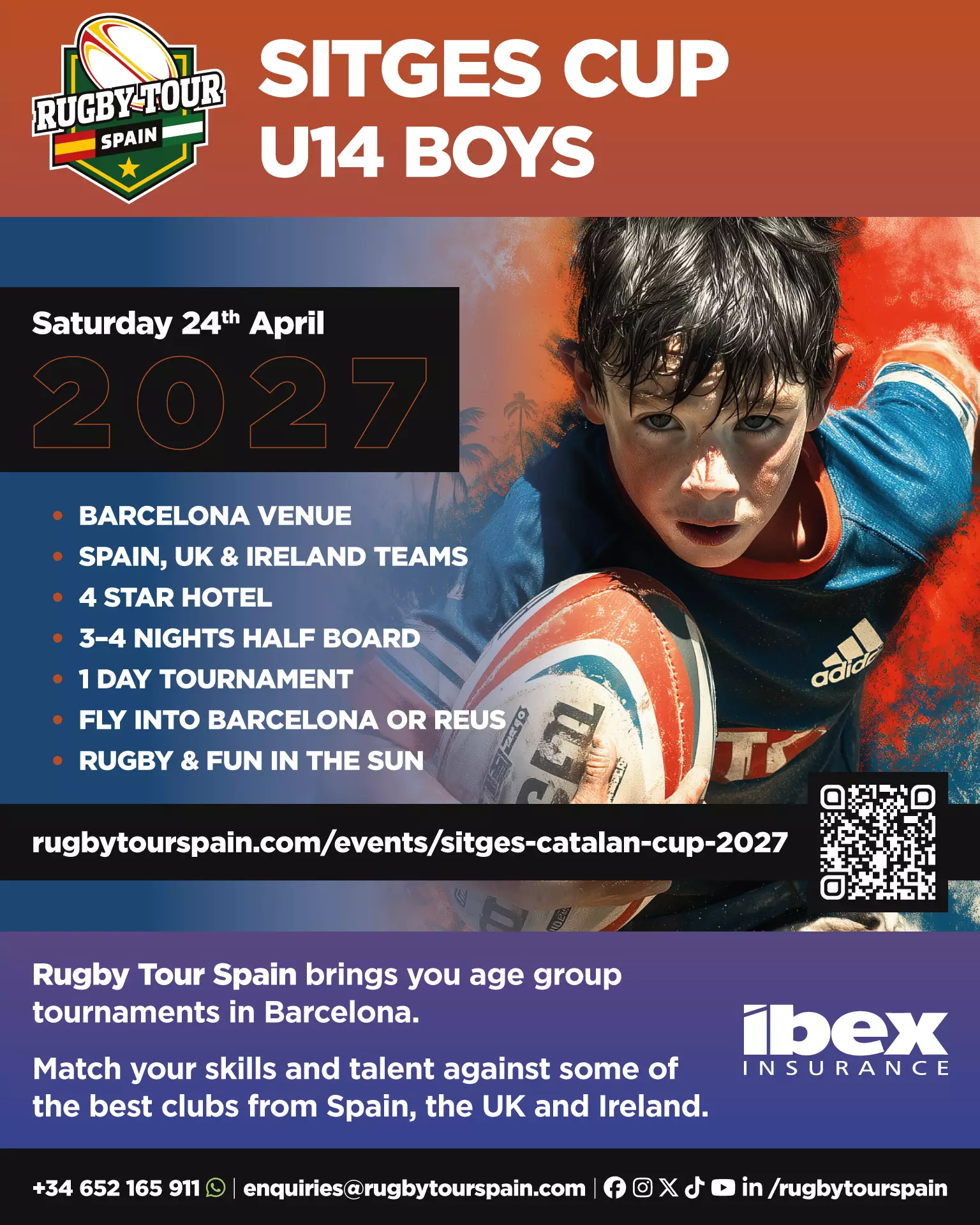A young rugby player dives with a ball. Text advertises the Sitges Cup U14 Boys rugby tournament in Barcelona, April 2027, for teams from Spain, UK, and Ireland.