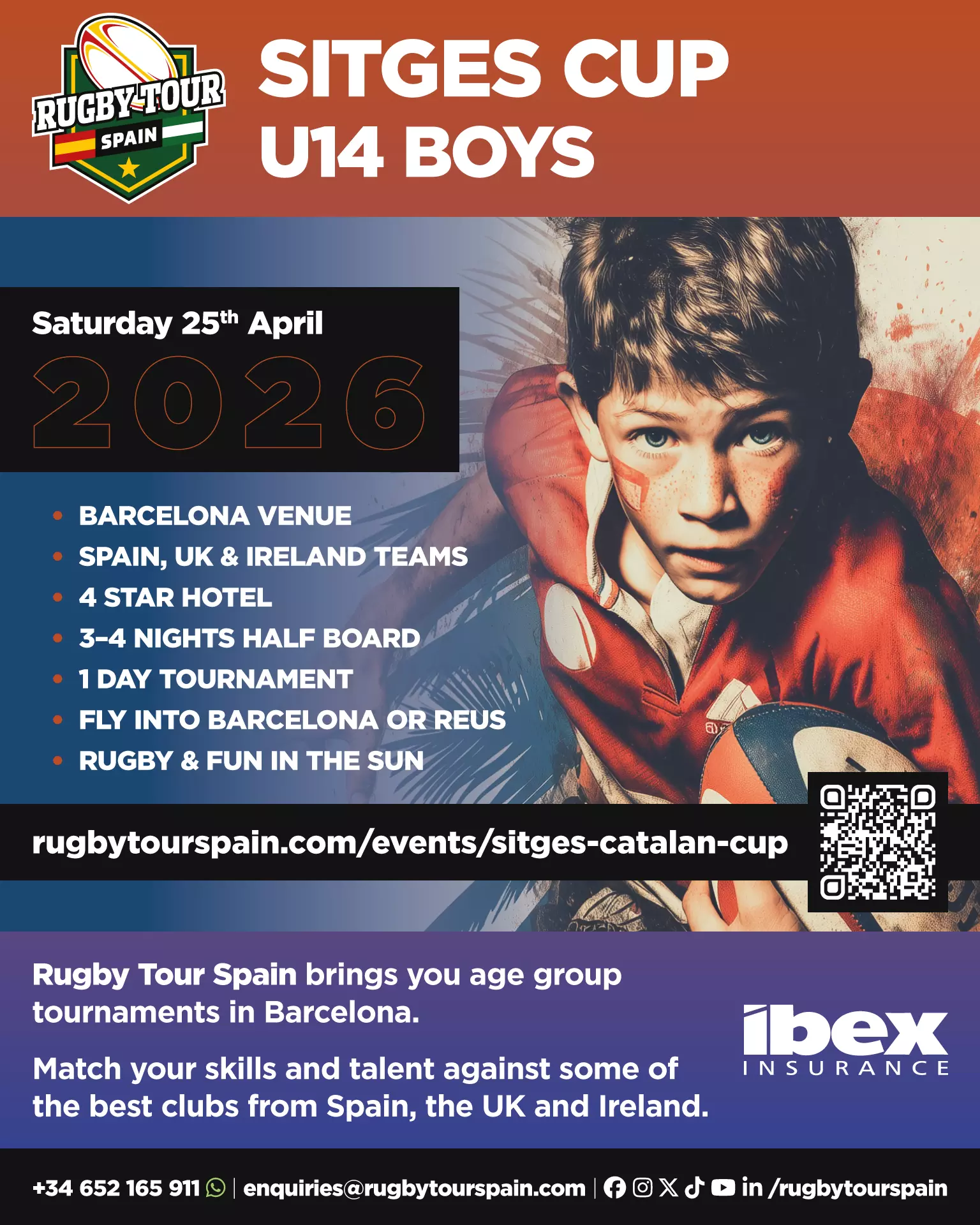 A young boy in a red sports shirt poses with a rugby ball. Text promotes the 2026 Sitges Cup U14 Boys rugby tournament in Spain with event and travel details.