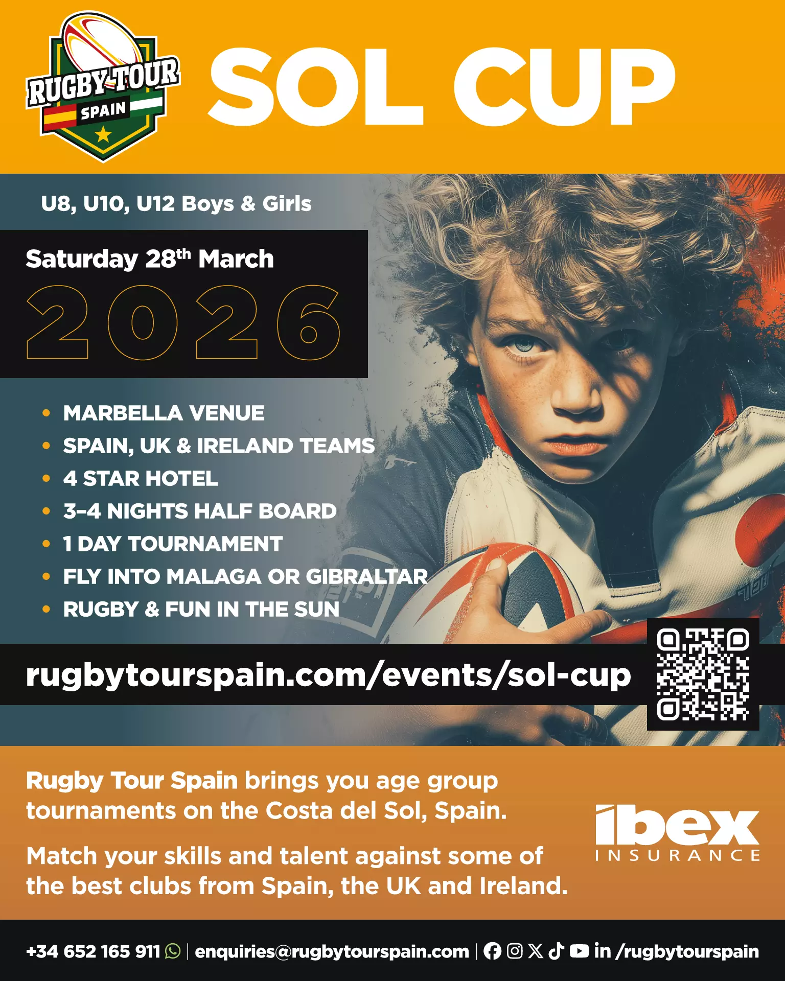 A promotional poster for the Sol Cup youth rugby tournament in Spain, featuring a focused young rugby player and event details for March 28, 2026.